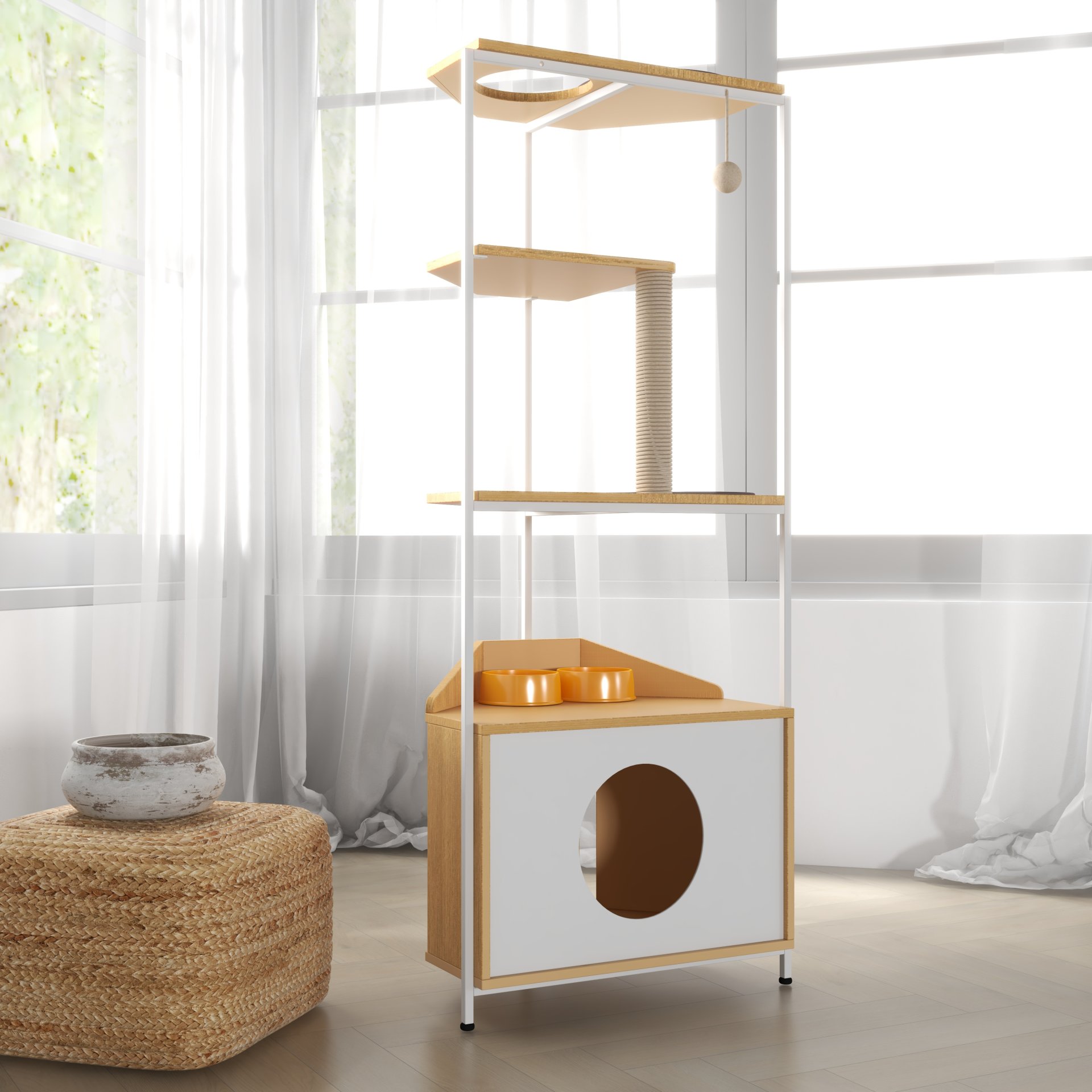 Corner Cat Tower, Cat Tree With Scratching Post, Cat Condo With Feeding Station And Climbing Platforms, Pet Furniture For Indoor Cats - White / Light Oak - Image 7