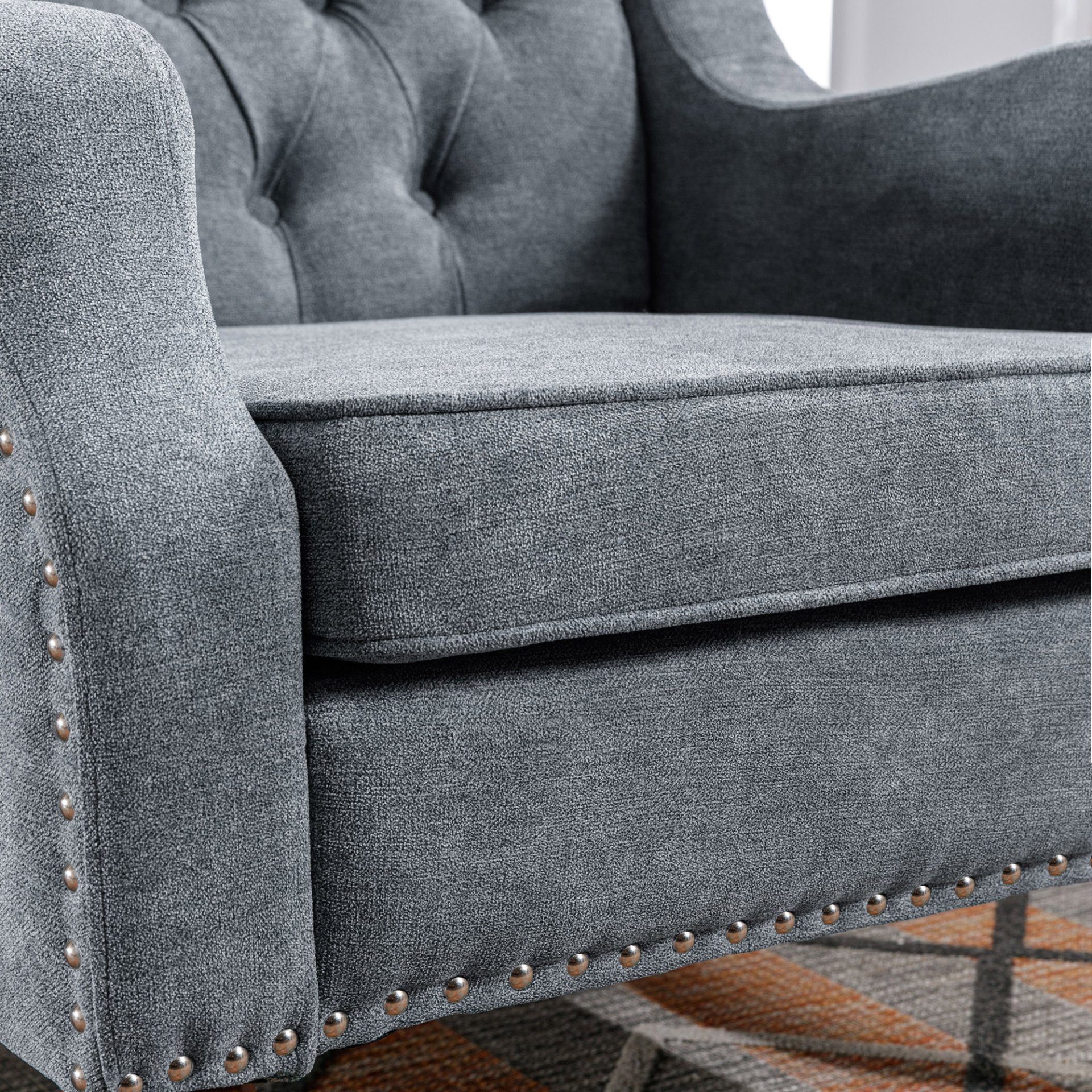 Accent Chair, Living Room Chair, Footrest Chair Set With Vintage Brass Studs, Button Tufted Upholstered Armchair For Living Room, Comfy Reading Chair For Bedroom, Reception Room - Gray - Image 9