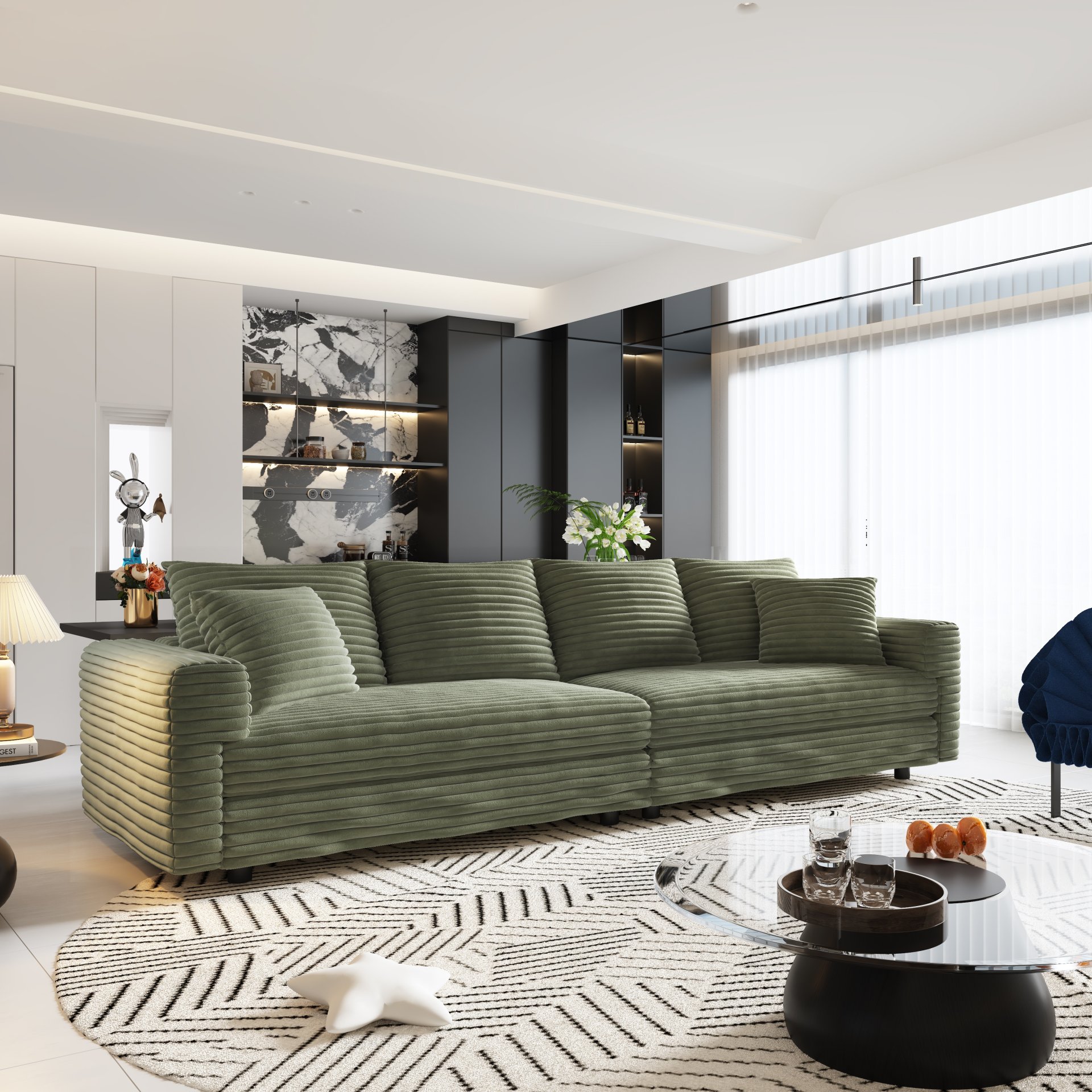 4 Seat Sofa, Deep Seat Couches With Soft Pillows And 2 Ottomans, Convertible Sofa Lounge Chair, For Living Room - Green - Image 12