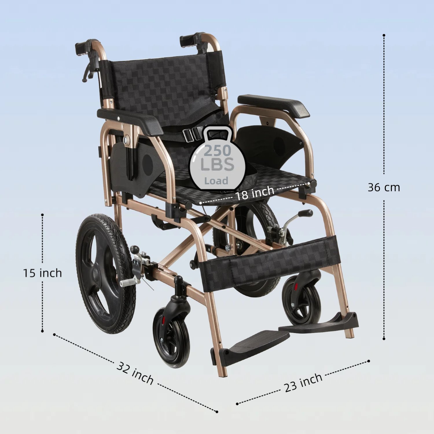 Lightweight Foldable Transport Wheelchair Square Tube Design With Double Brakes Adjustable Armrest & Breathable Seat Cushion Ideal For Disabled & Post Surgery Recovery - Black / Gold - Image 3