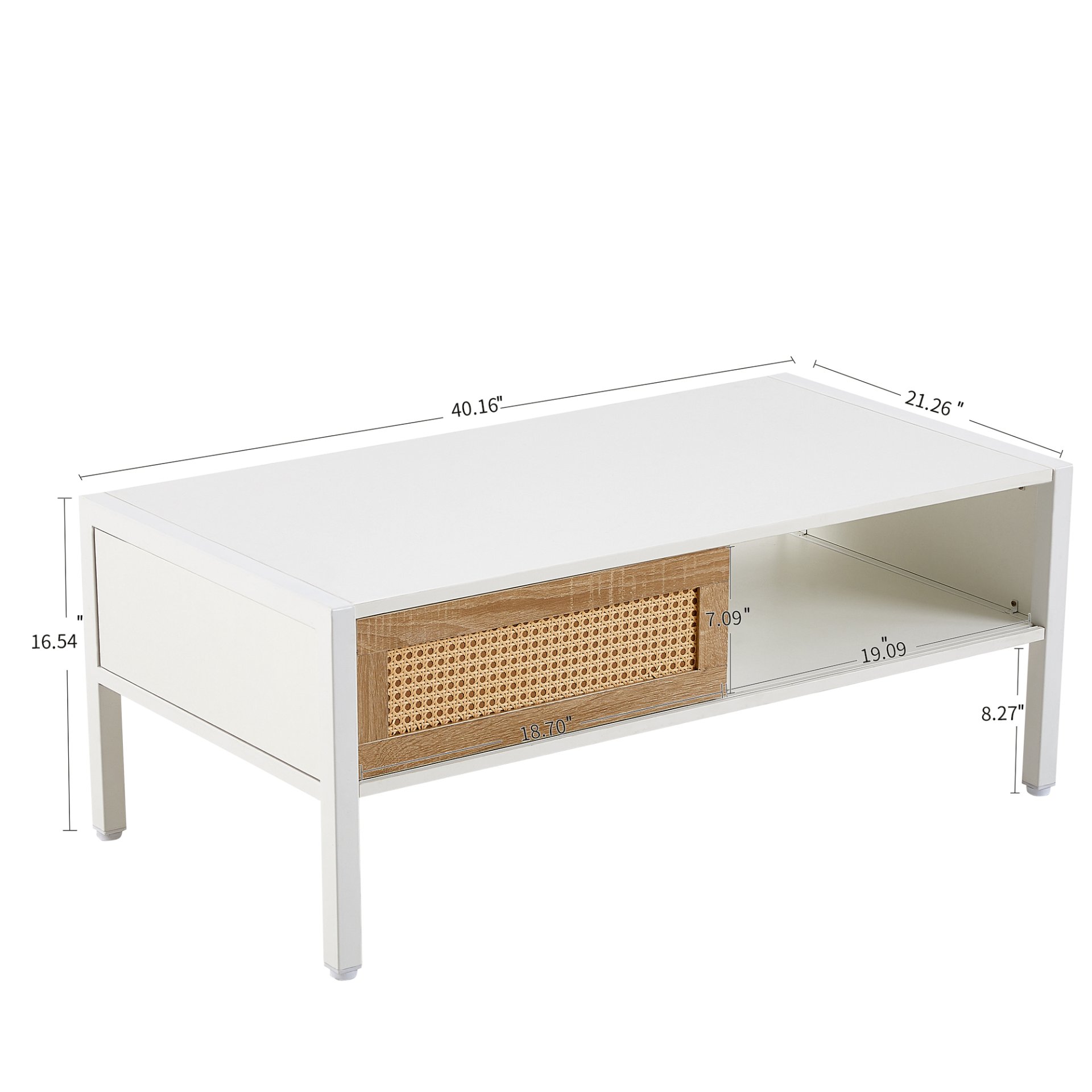 40.16" Rattan Coffee Table, Sliding Door For Storage, Metal Legs, Modern Table For Living Room - White - Image 3