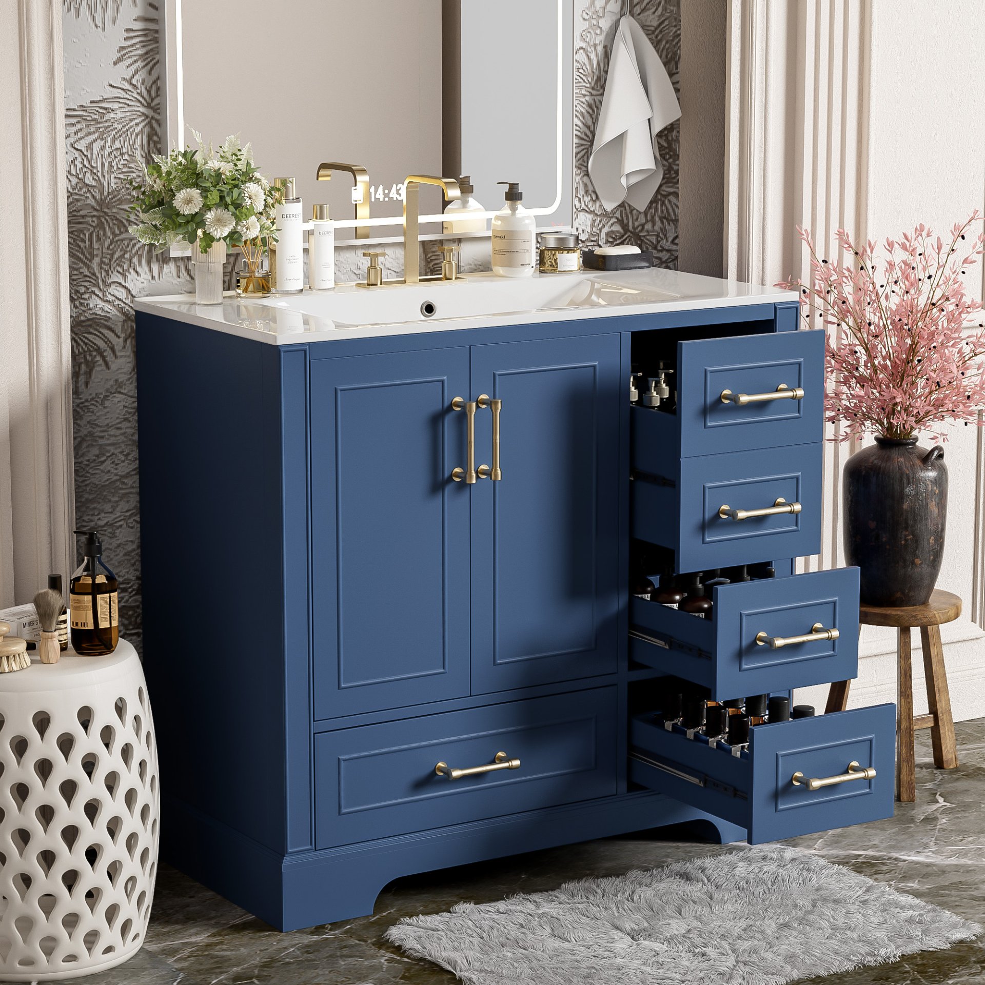 Traditional 36" Bathroom Vanity With Sink, Cabinet With Soft Close Doors And Drawers - Blue - Image 4