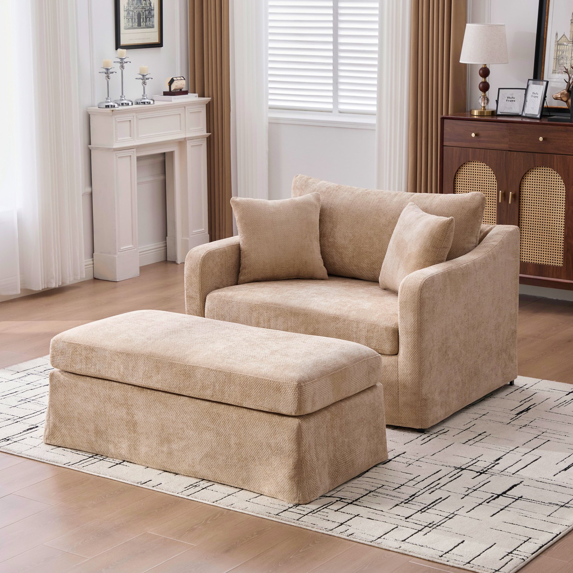 Upholstered Accent Chair With Ottoman, 2 Bolster Pillows - Wheat - Image 2