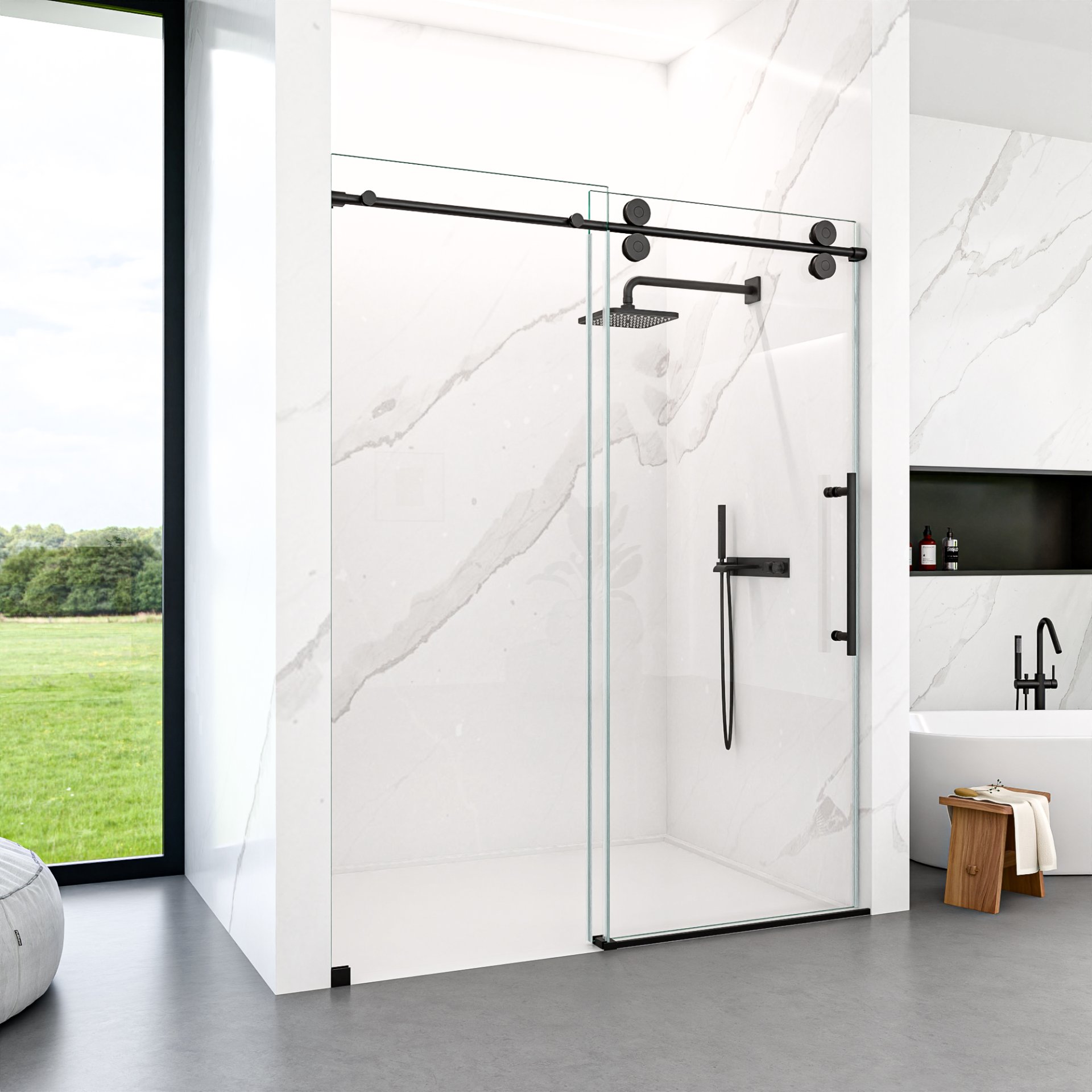 Frameless Single Sliding Shower Door With Clear Tempered Glass - Matte Black - Image 4