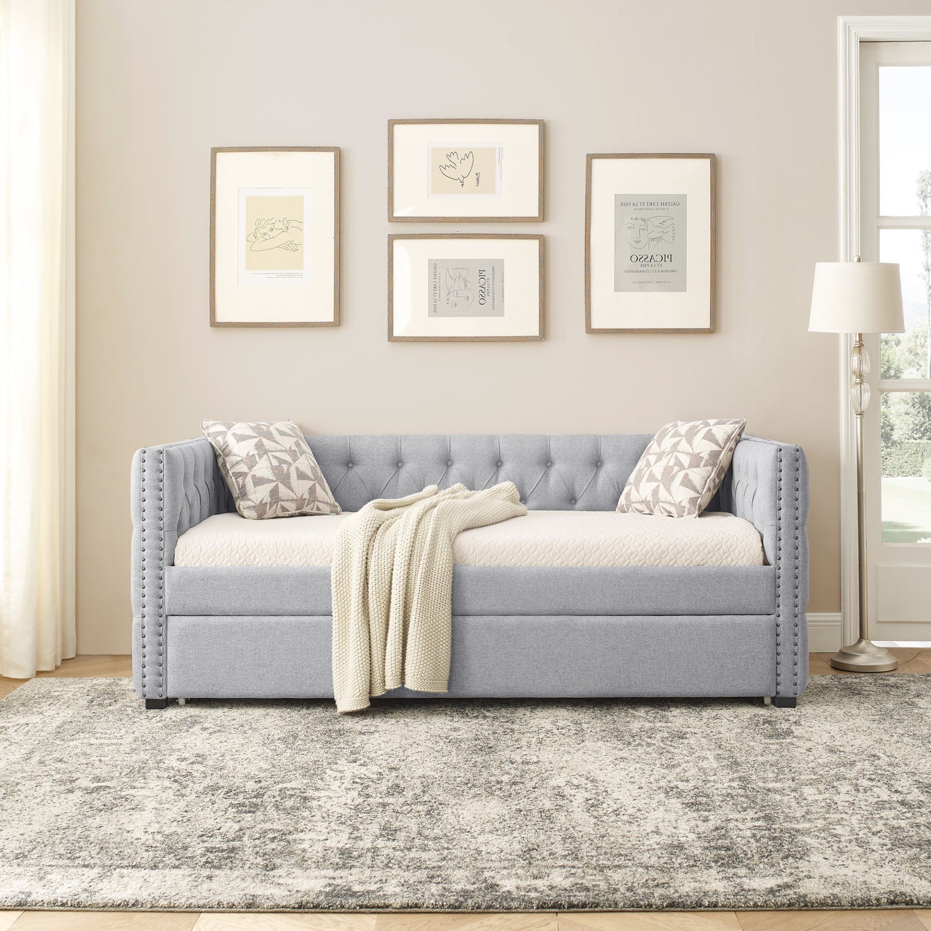 Mid Century Inspired Upholstered Twin Size Daybed With Trundle Button Tufted Linen - Gray - Image 5