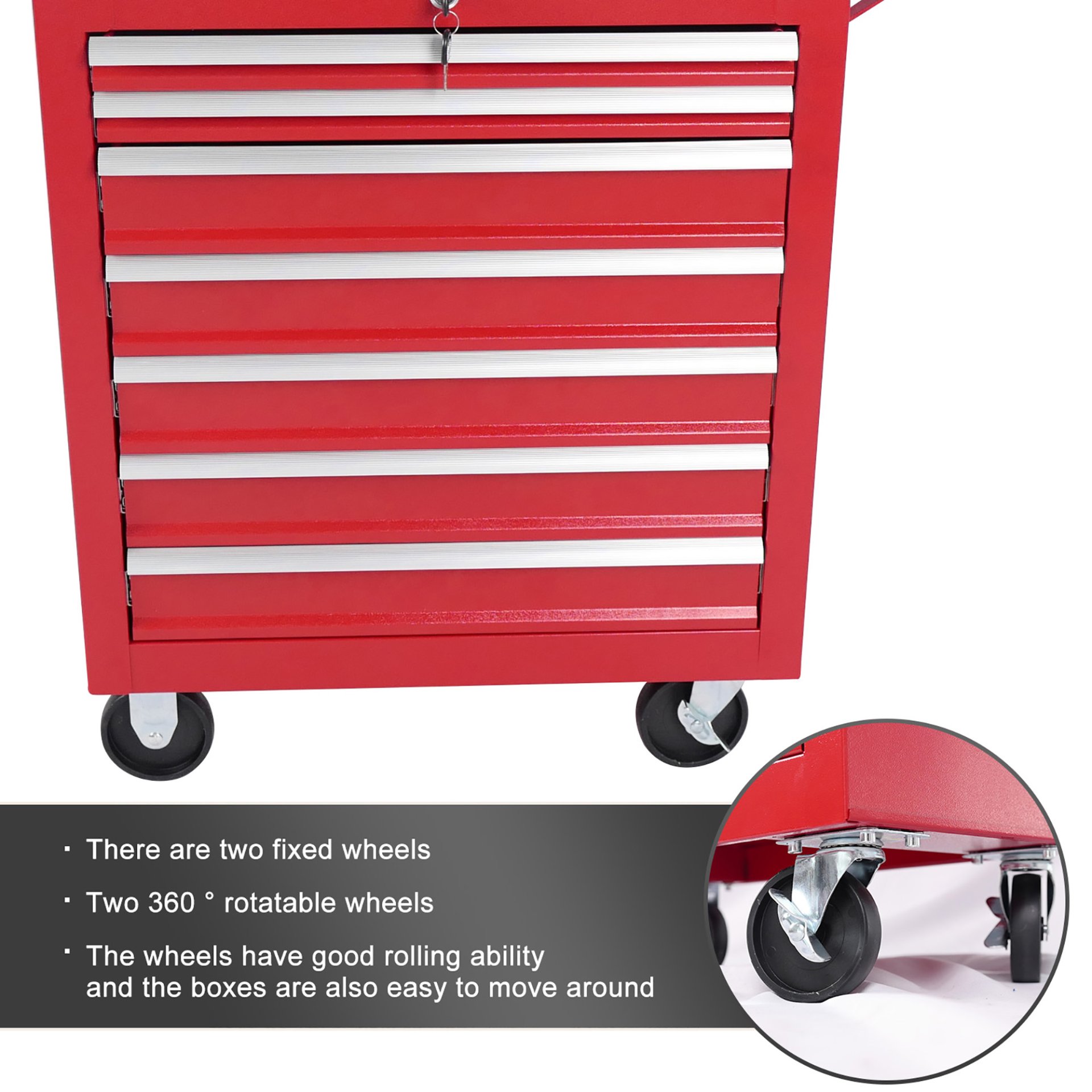 Red 7 Drawer Metal Rolling Tool Chest With Locking System And Wheels, Steel Construction - Red - Image 5