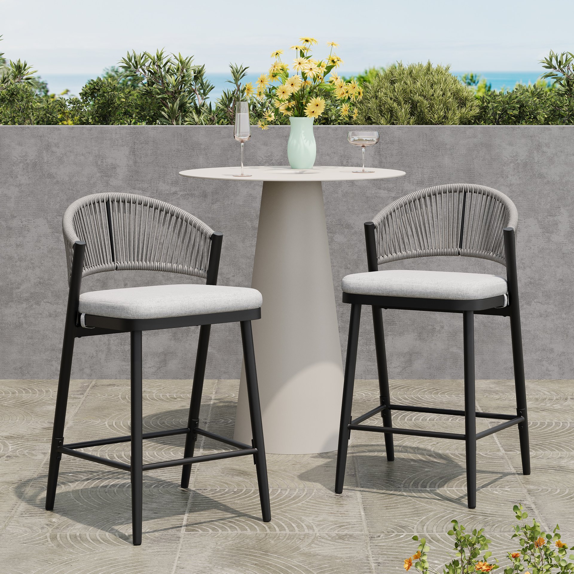 Outdoor Counter Height Metal Frame Counter Stools With Scallop Shaped Backrest & Water Resistant Cushions (Set of 2) - Matte Black - Image 2