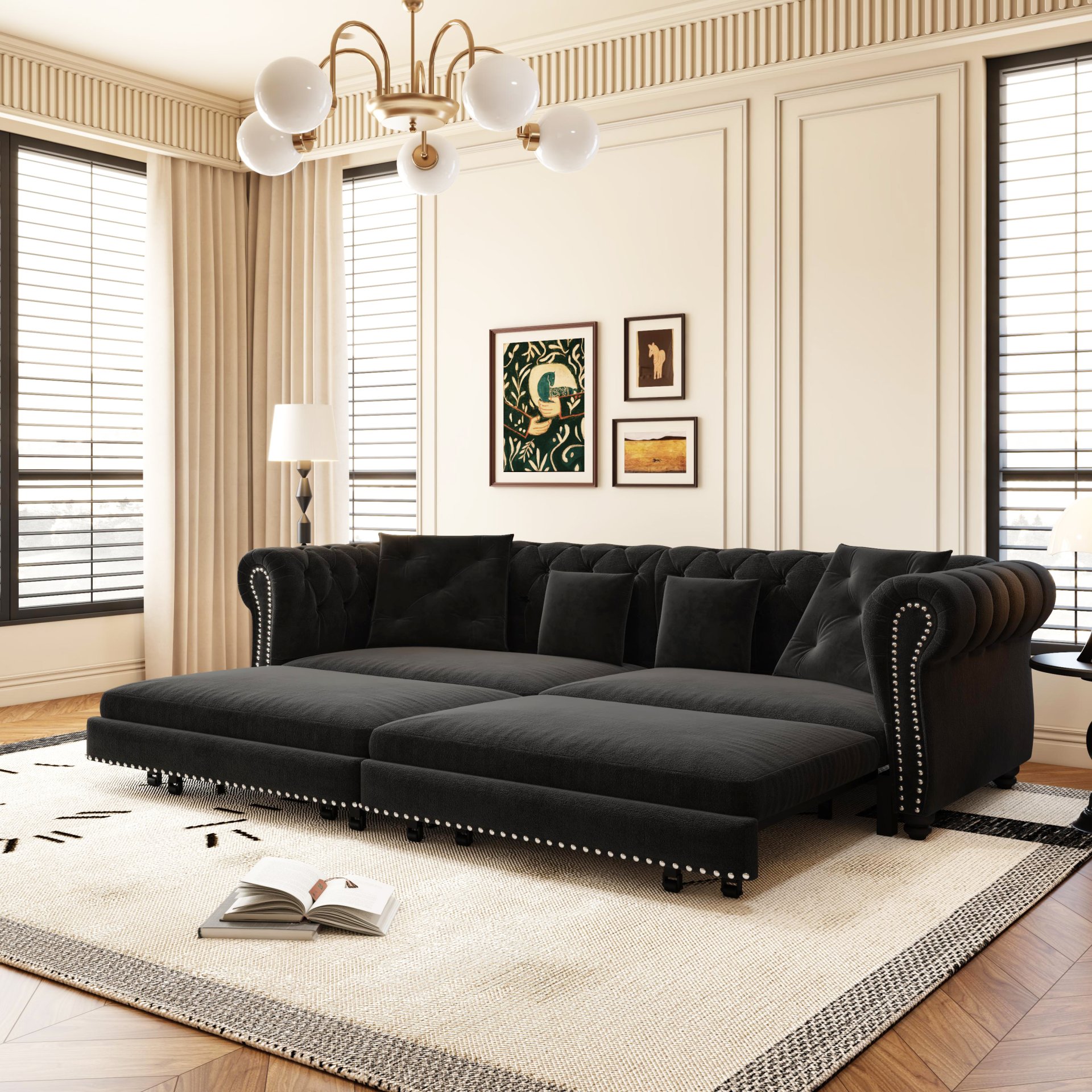 3 In 1 Pull Out Sofa Bed, King Size Sofa Bed, 3 Seater Sofa With Movable Ottoman, Tufted Design, Suitable For Living Rooms - Black - Image 9