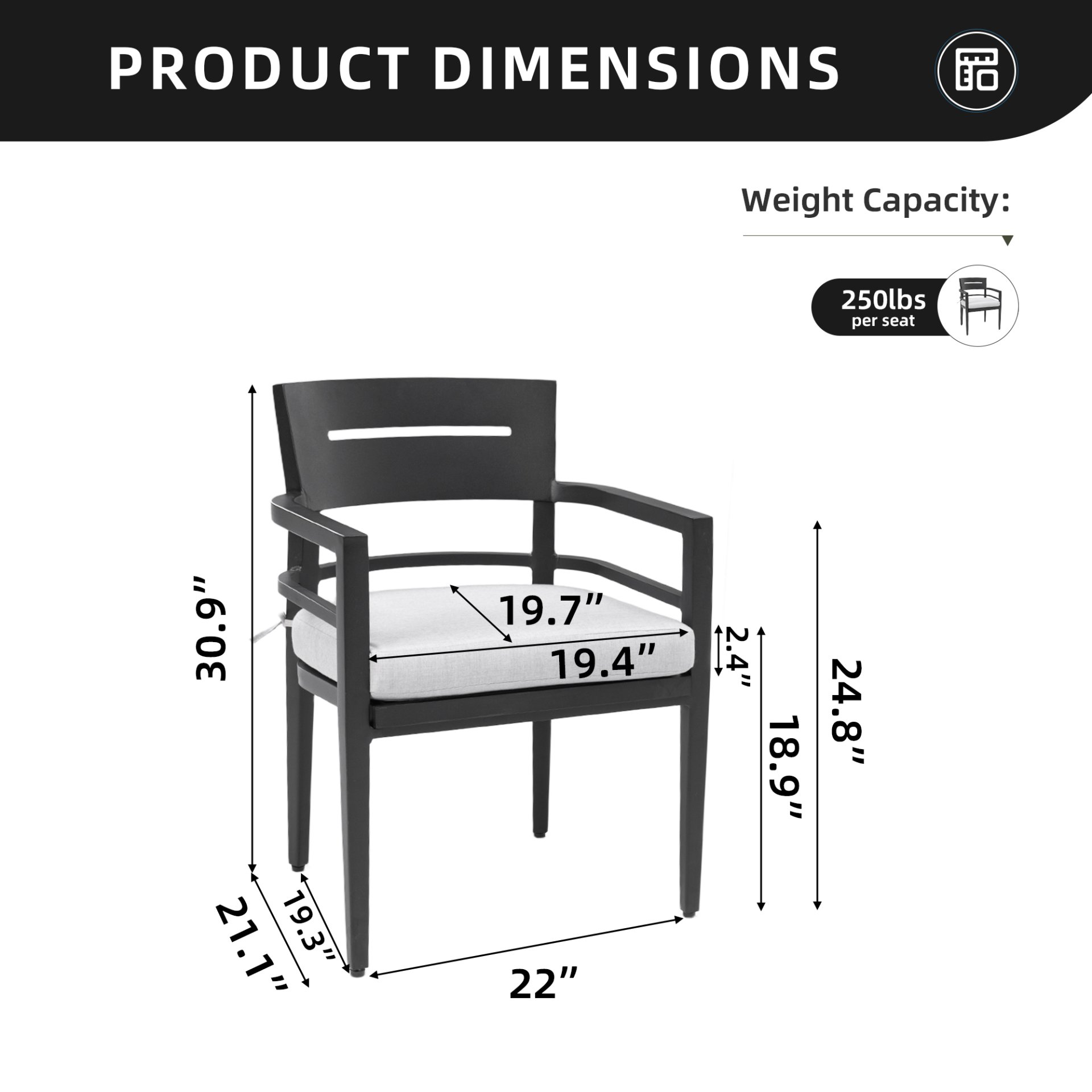 Outdoor Patio Dining Chairs With Outdoor Grade Sunbrella Fabric Cushions, Tapered Feet (Set of 4) - Ember Black - Image 3
