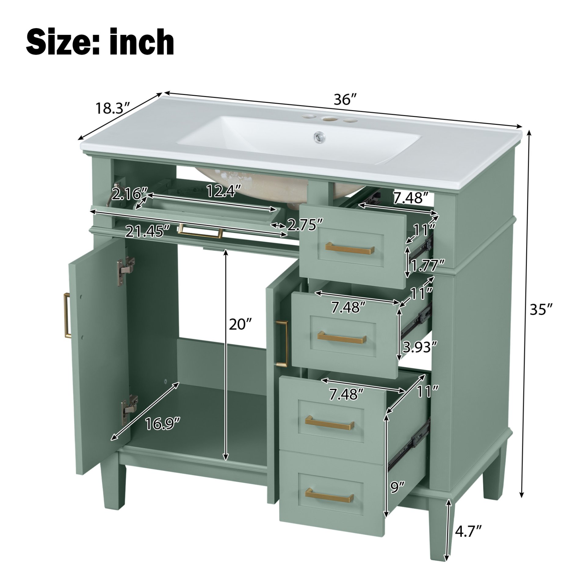 36" Bathroom Vanity With Sink, Soft Close Doors, And Storage Drawers - Green - Image 4