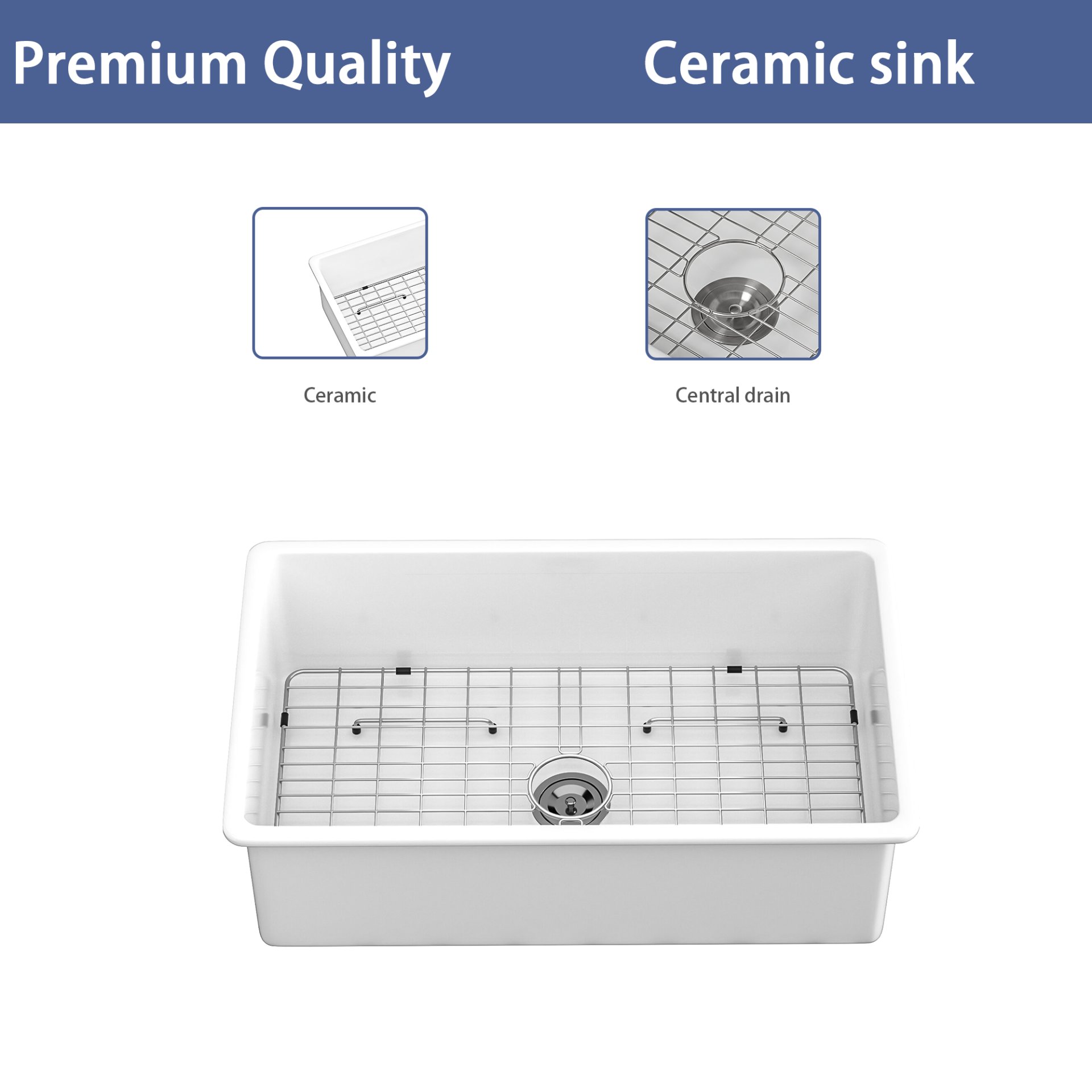 Elegant Ceramic 32" Undermount Single Bowl Kitchen Sink Dual Mount Deep Rectangular Basin - White - Image 8