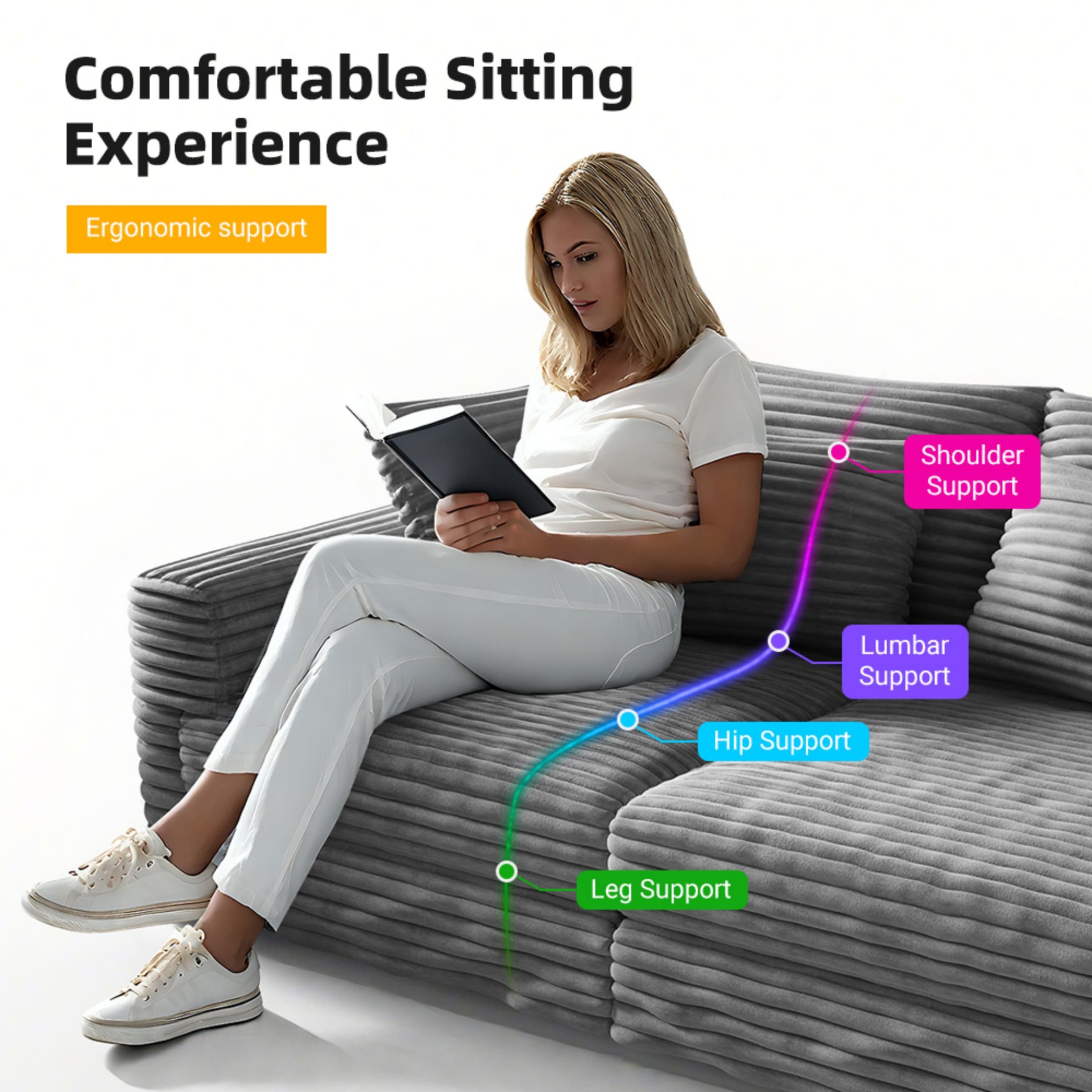 3 Seat Sofa, Convertible Deep Seat Sofa Lounge Chair For Living Room - Gray - Image 12