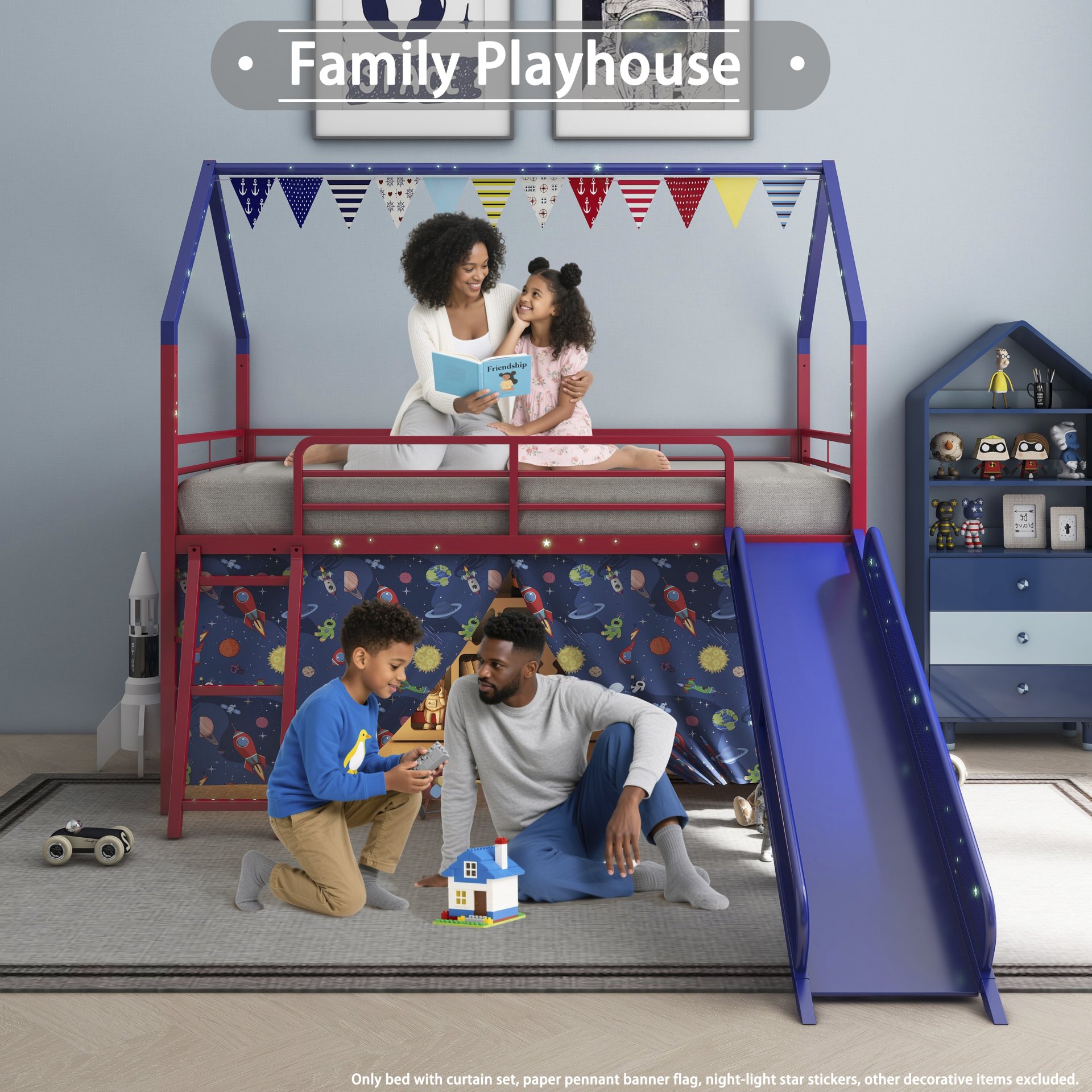 Jack - House Twin Loft Bed With Slide And Curtain Set, Superhero - Red / Blue - Image 12