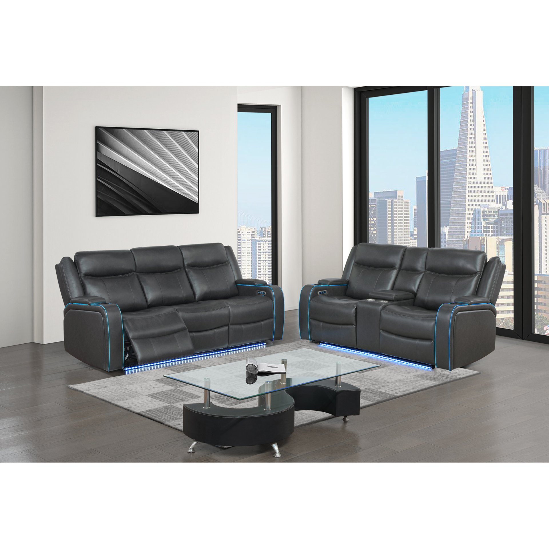 Blanca - Power Reclining Sofa And Loveseat With LED Lights, Power Headrest And Speakers - Charcoal - Image 2