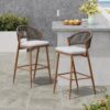 Outdoor Bar Height Aluminum Frame Counter Stools With Scallop Shaped Backrest & Water Resistant Cushions (Set of 2) - Teak - Image 4