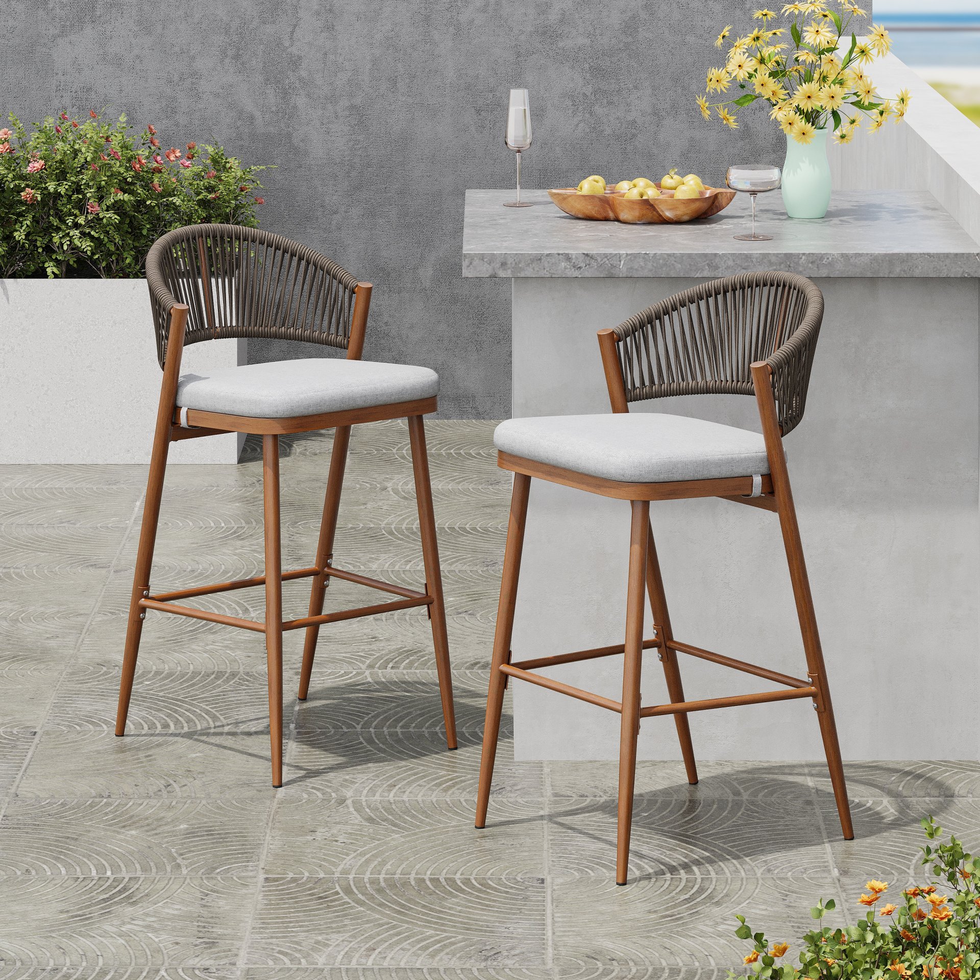 Outdoor Bar Height Aluminum Frame Counter Stools With Scallop Shaped Backrest & Water Resistant Cushions (Set of 2) - Teak - Image 4