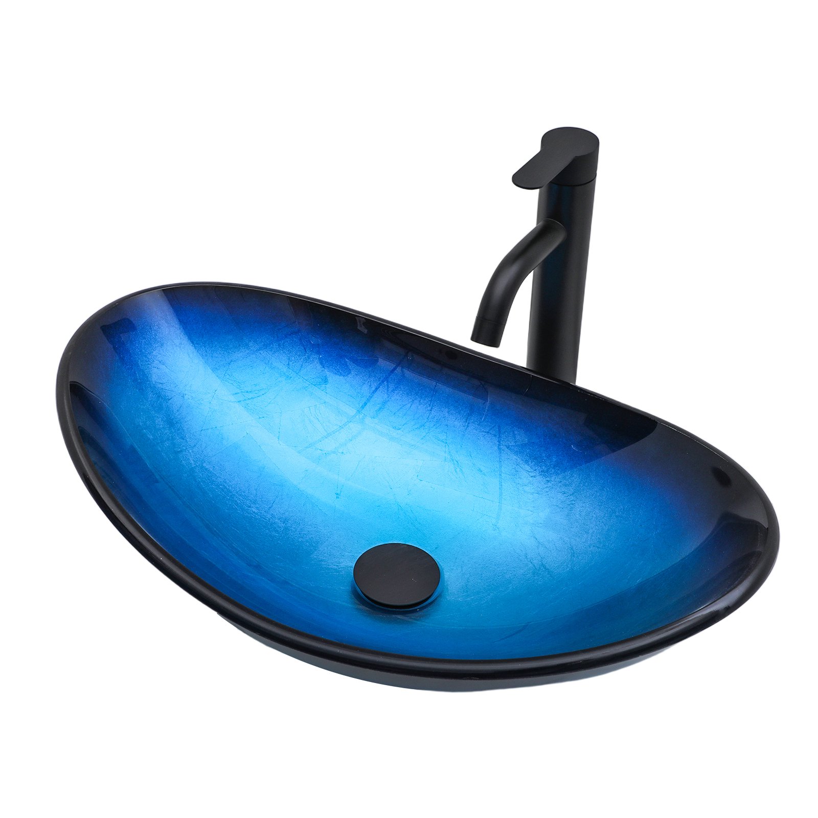 Vessel Sink With Pop Up Drain, Boat Shape Above Counter Bathroom Sink - Blue - Image 10