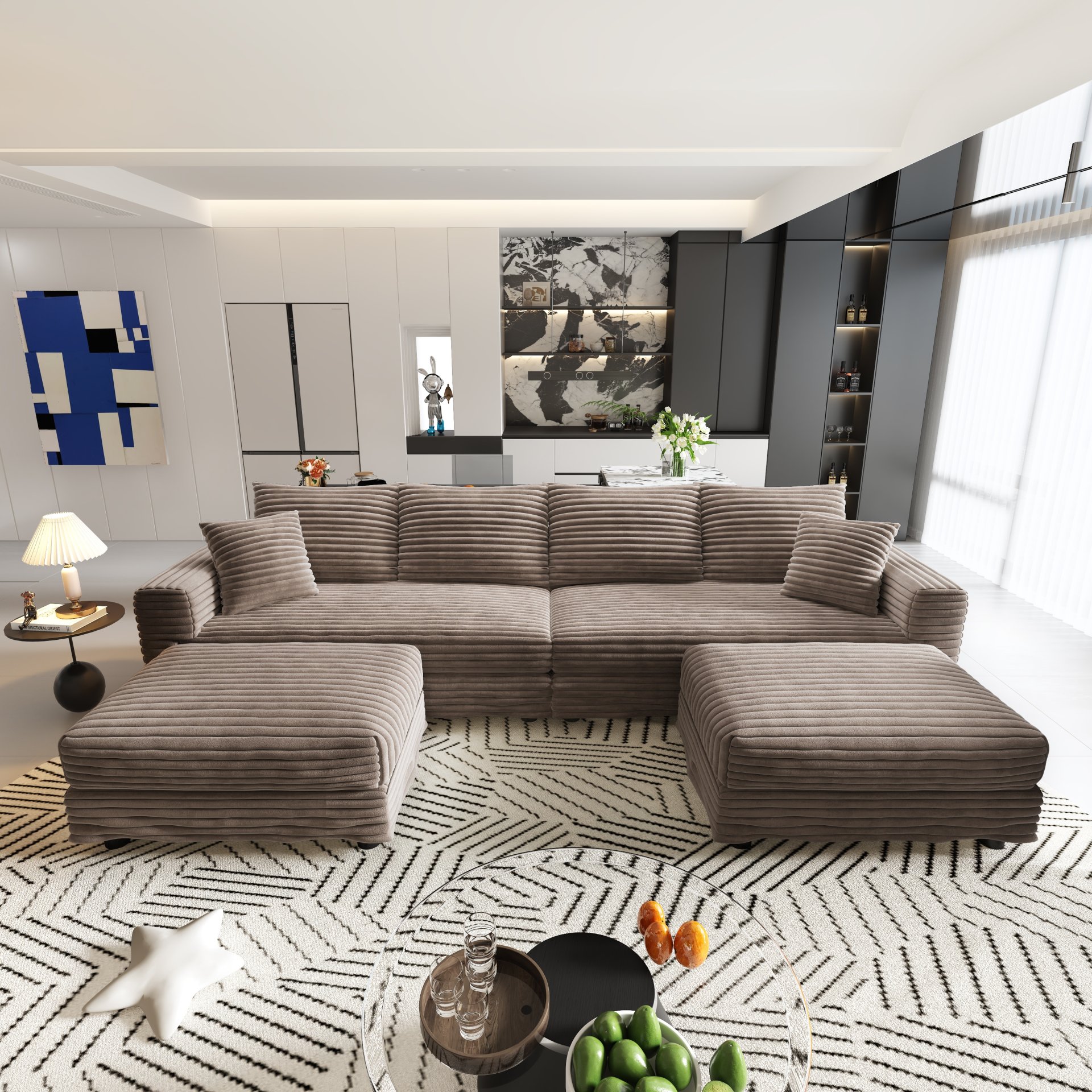 4 Seat Sofa, Deep Seat Couches With Soft Pillows And 2 Ottomans, Convertible Sofa Lounge Chair, For Living Room - Camel - Image 13