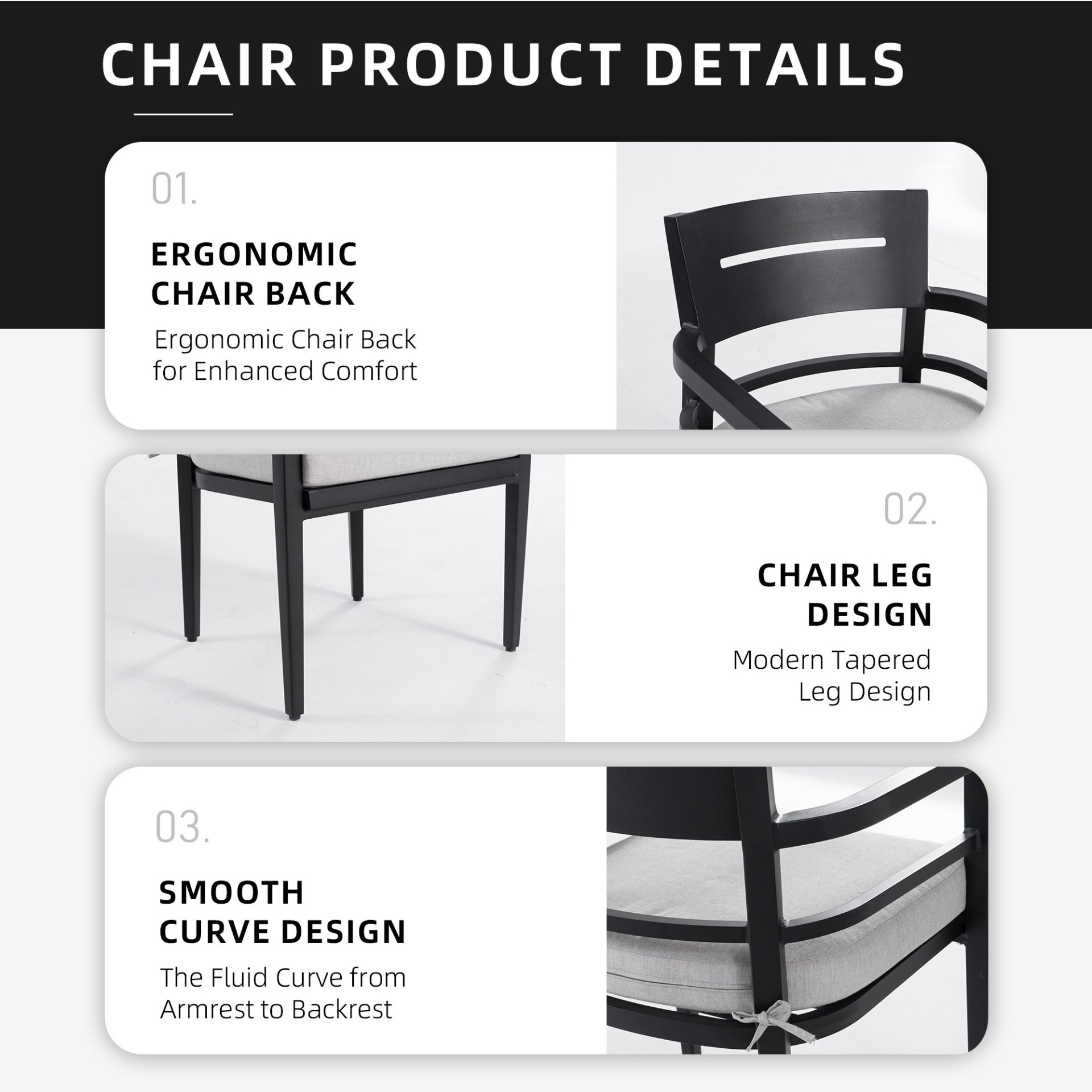 Outdoor Patio Dining Chairs With Outdoor Grade Sunbrella Fabric Cushions, Tapered Feet (Set of 4) - Ember Black - Image 5