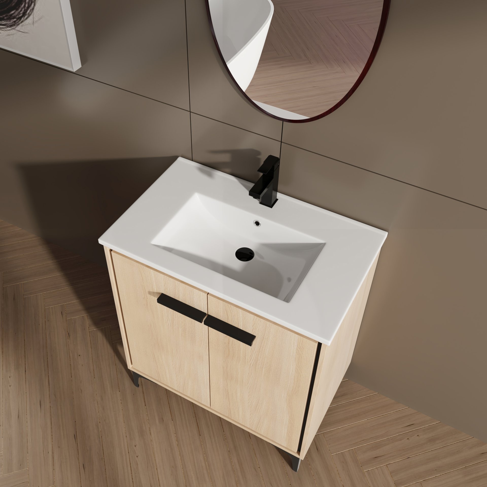 30" Bathroom Vanity Base With Basin And Storage Cabinet - Oak - Image 5