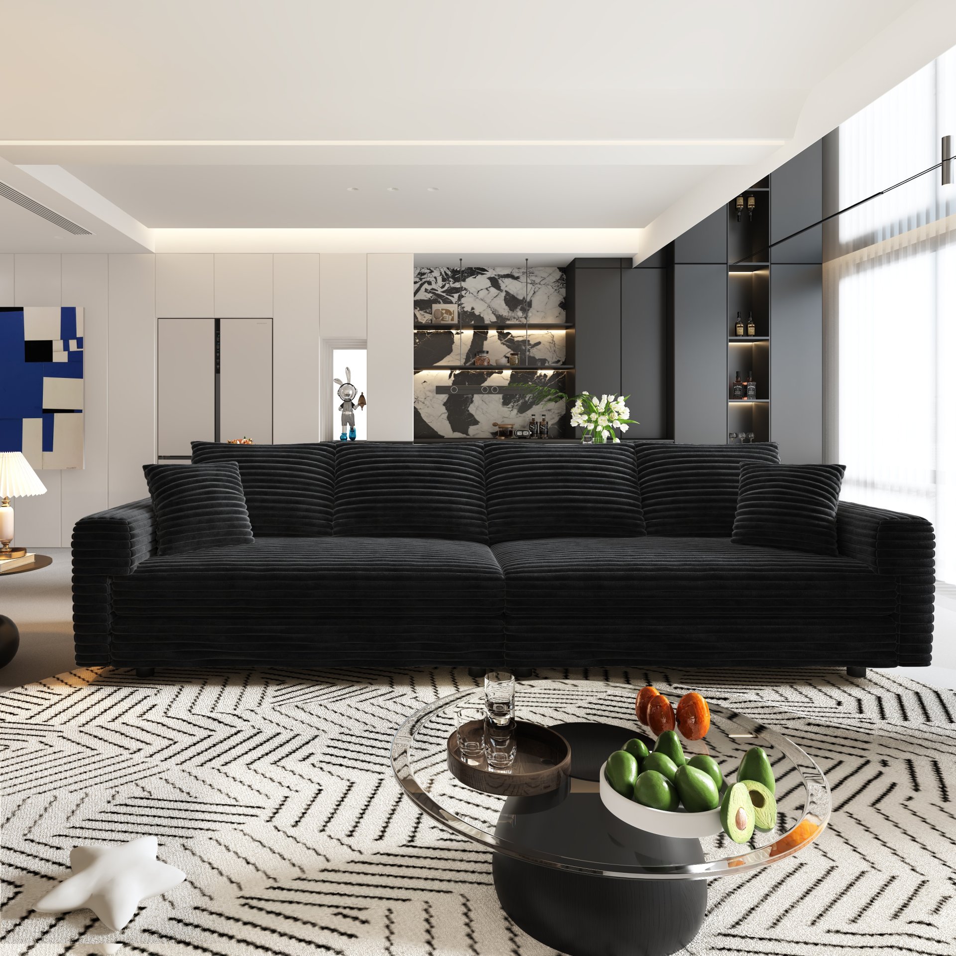 4 Seat Sofa, Deep Seat Couches With Soft Pillows And Movable Ottoman, Convertible Sofa Lounge Chair, For Living Room - Black - Image 9