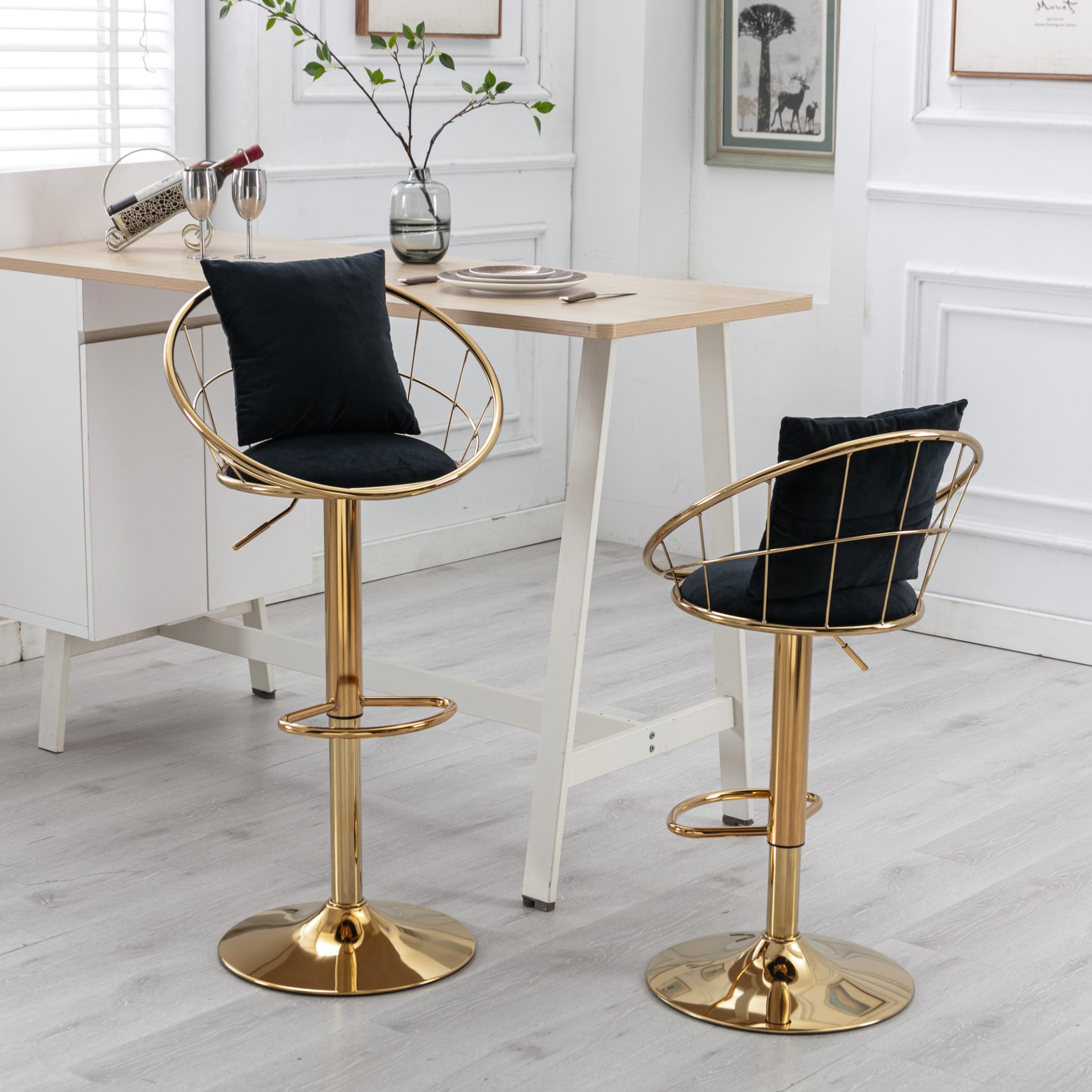 Velvet Bar Chair, Pure Gold Plated, Unique Design, 360 Degree Rotation, Adjustable Height, Suitable For Dining Room And Bar, (Set of 2) - Black - Image 2