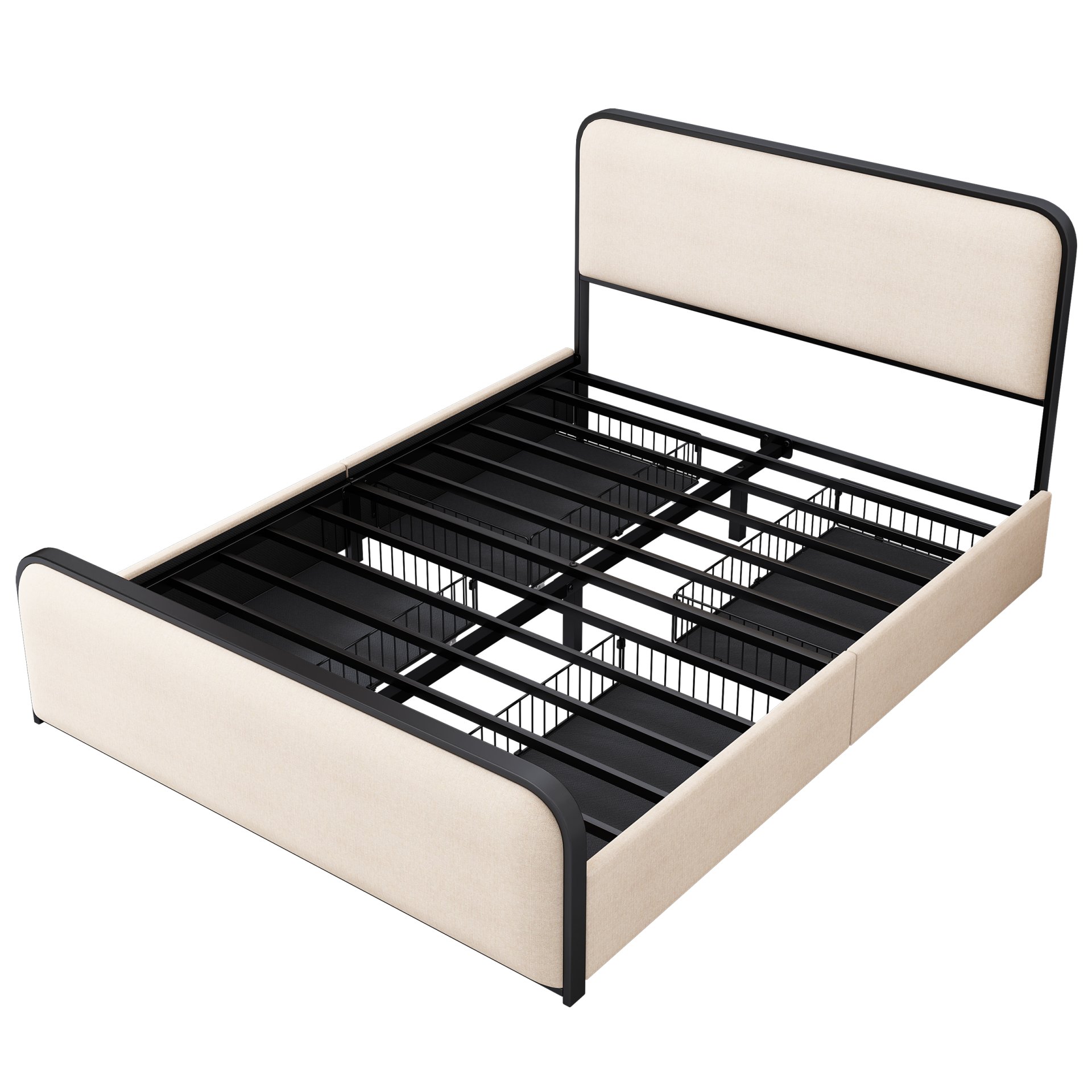 Modern Metal Bed Frame With Curved Upholstered Headboard And Footboard Bed With 4 Storage Drawers, Heavy Duty Metal Slats, Queen Size - Beige - Image 9