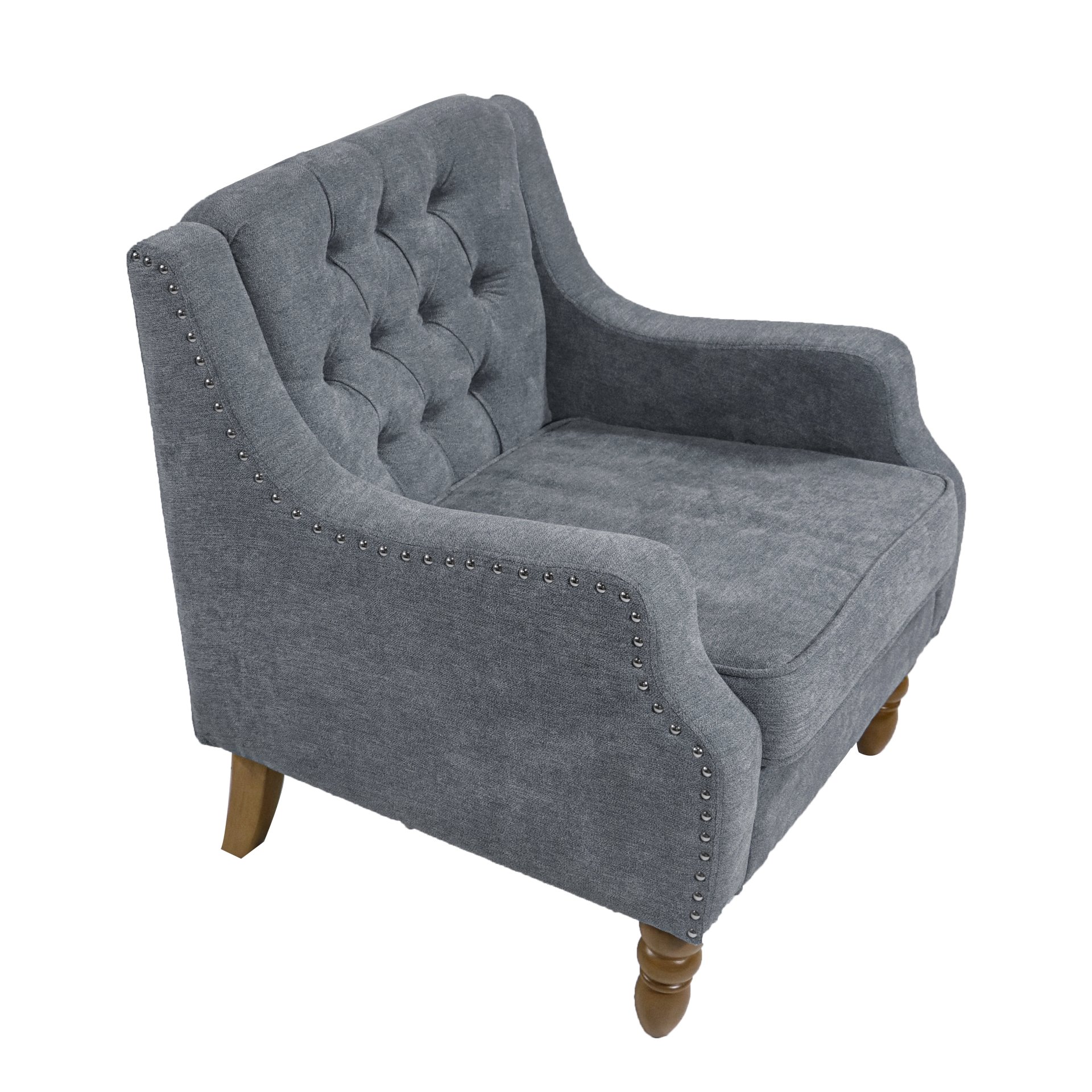 Accent Chair, Living Room Chair, Footrest Chair Set With Vintage Brass Studs, Button Tufted Upholstered Armchair For Living Room, Comfy Reading Chair For Bedroom, Reception Room - Gray - Image 15
