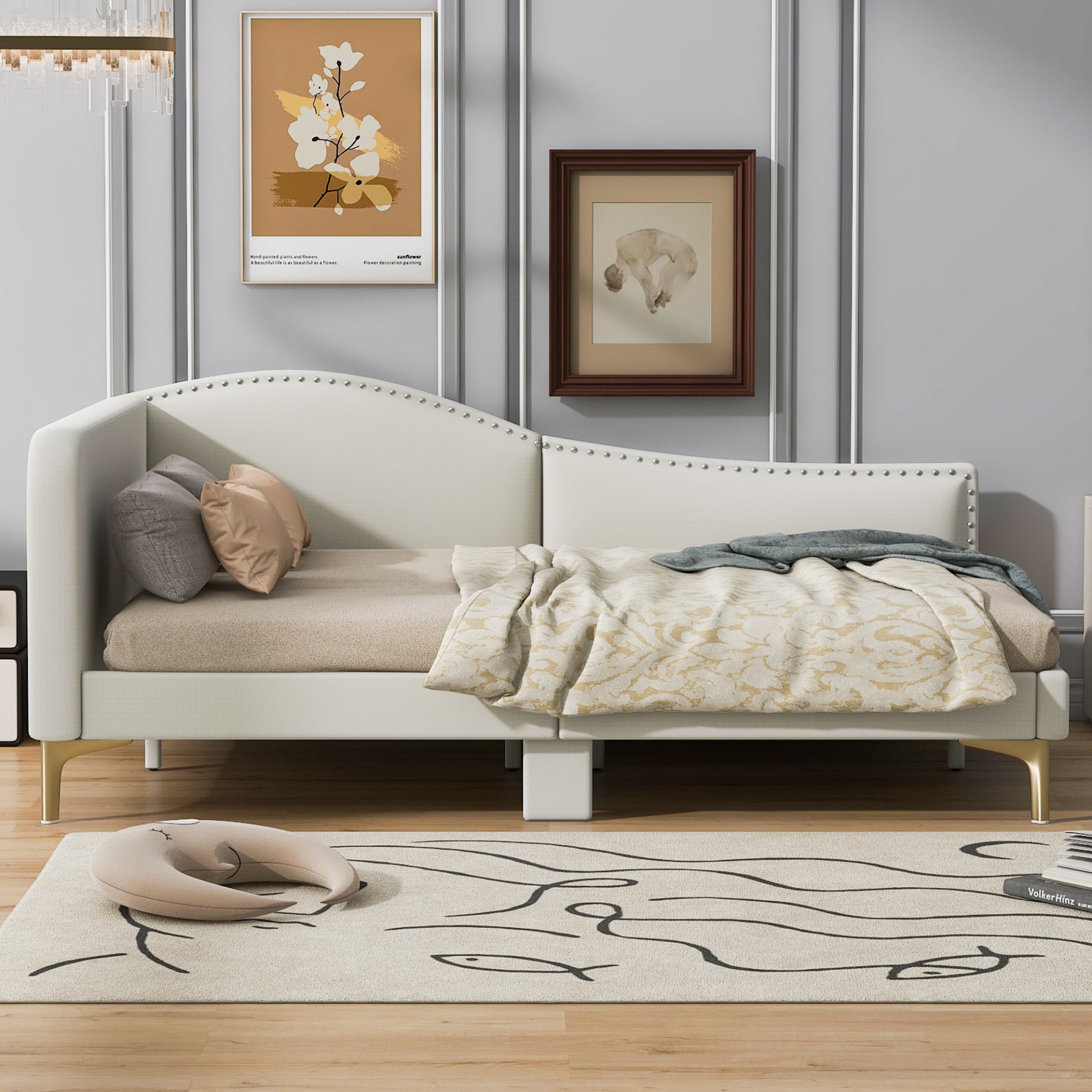 Full Size Upholstered Daybed With Headboard And Armrest, Support Legs - Beige - Image 5