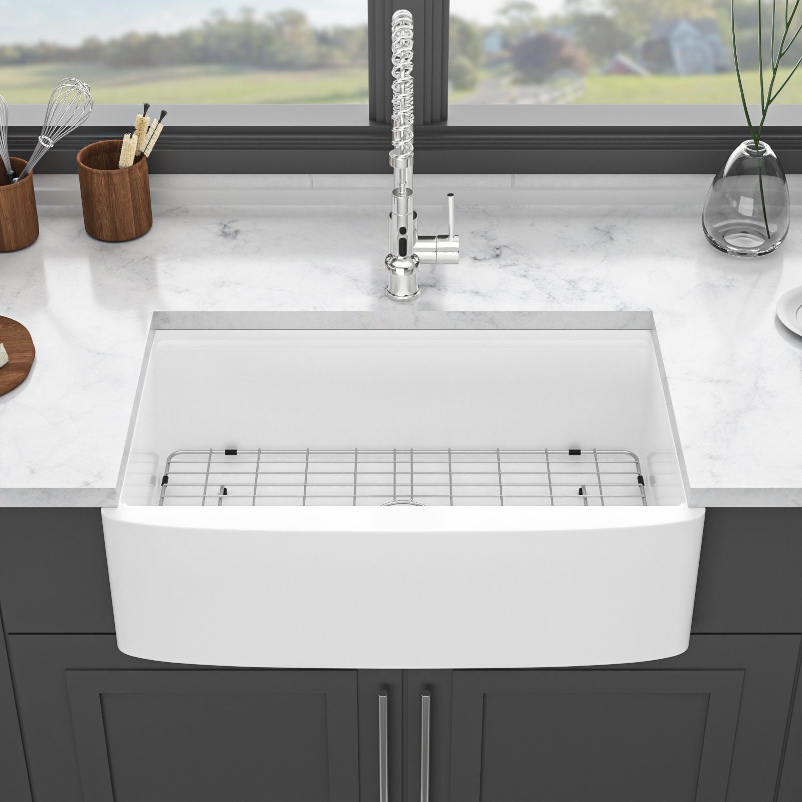 Classic Ceramic Farmhouse Sink Workstation 33" Single Bowl With Durable - White - Image 5