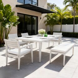6 Piece Dining Set Modern Outdoor Patio Furniture, 4 Dining Chairs & 1 Dining Bench Sunbrella Fabric And 2 Tone Rectangle Table With Umbrella Hole - Matte White / Grayish