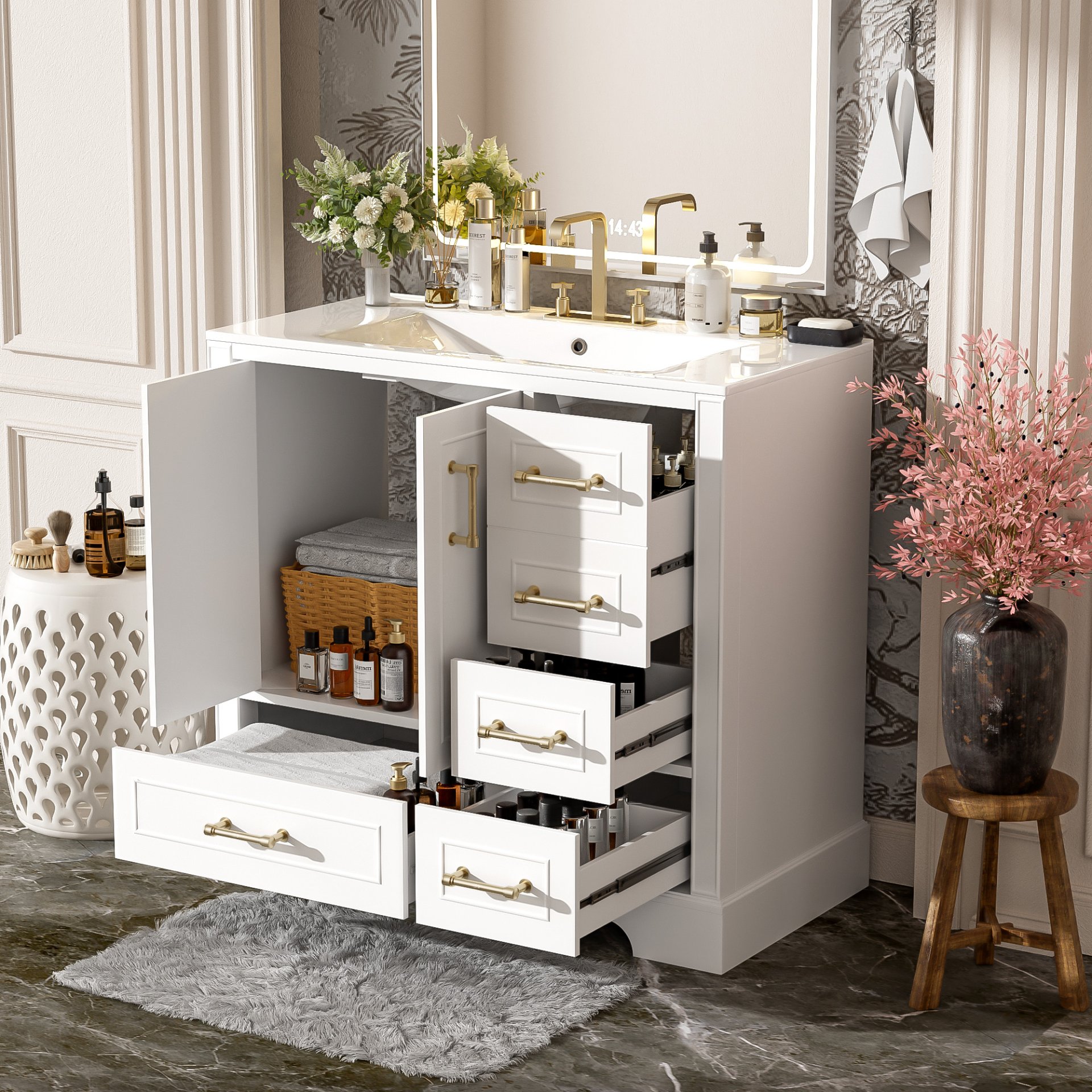 Traditional 36" Bathroom Vanity Cabinet With Sink, With Soft Close Doors And Four Drawers - White - Image 3