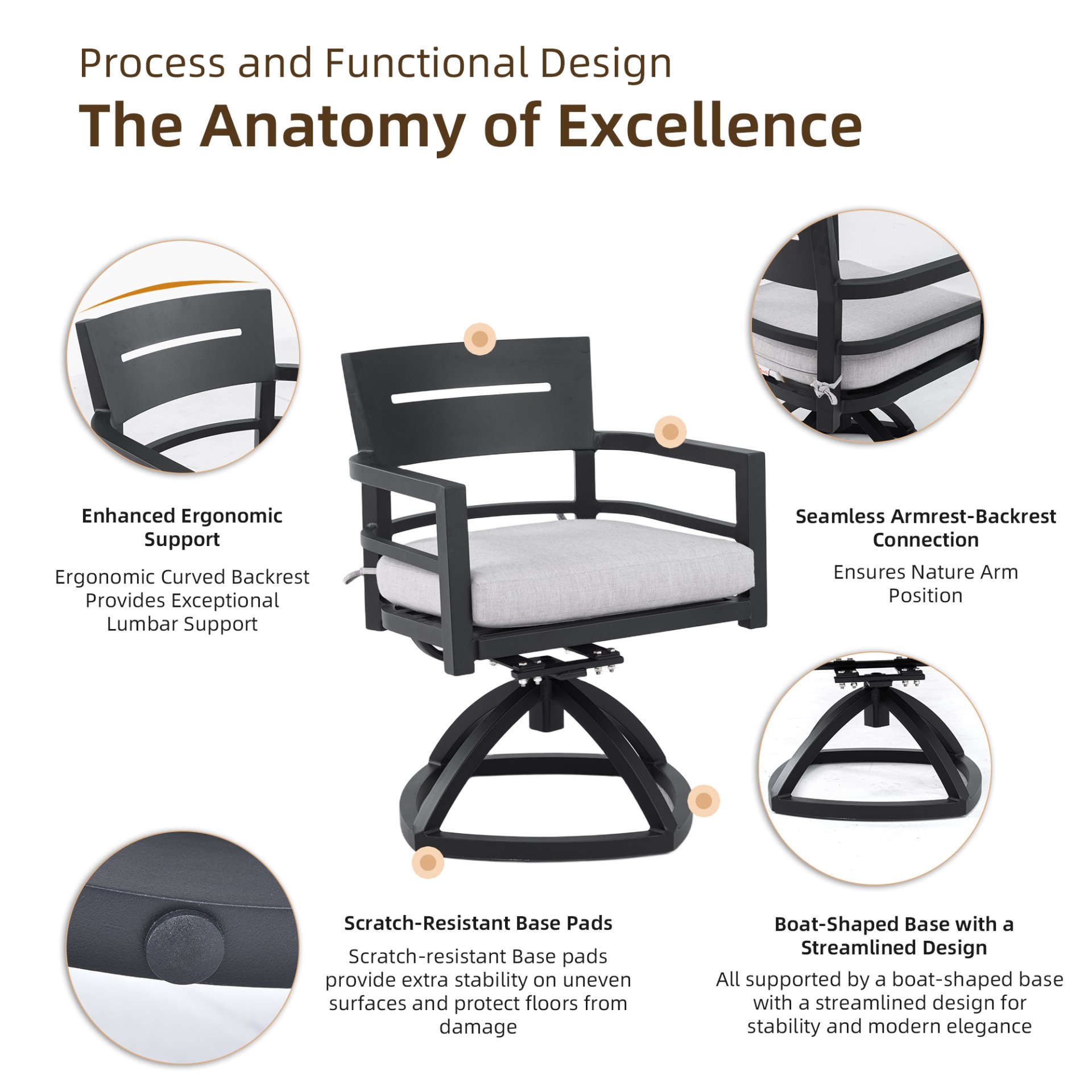 5 Piece Outdoor Pedestal Dining Set, Rounded Square Table With Flared Base And 4 Swivel Rockers - Ember Black - Image 8