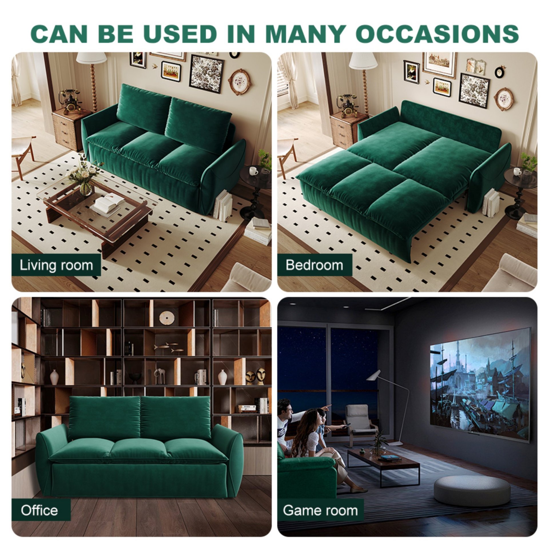 Pull Out Sofa Bed, 3 Seat Convertible Sleeper Sofa With 2 In 1 Pillow And Blanket Set Multifunctional Velvet Sofa Bed - Green - Image 13