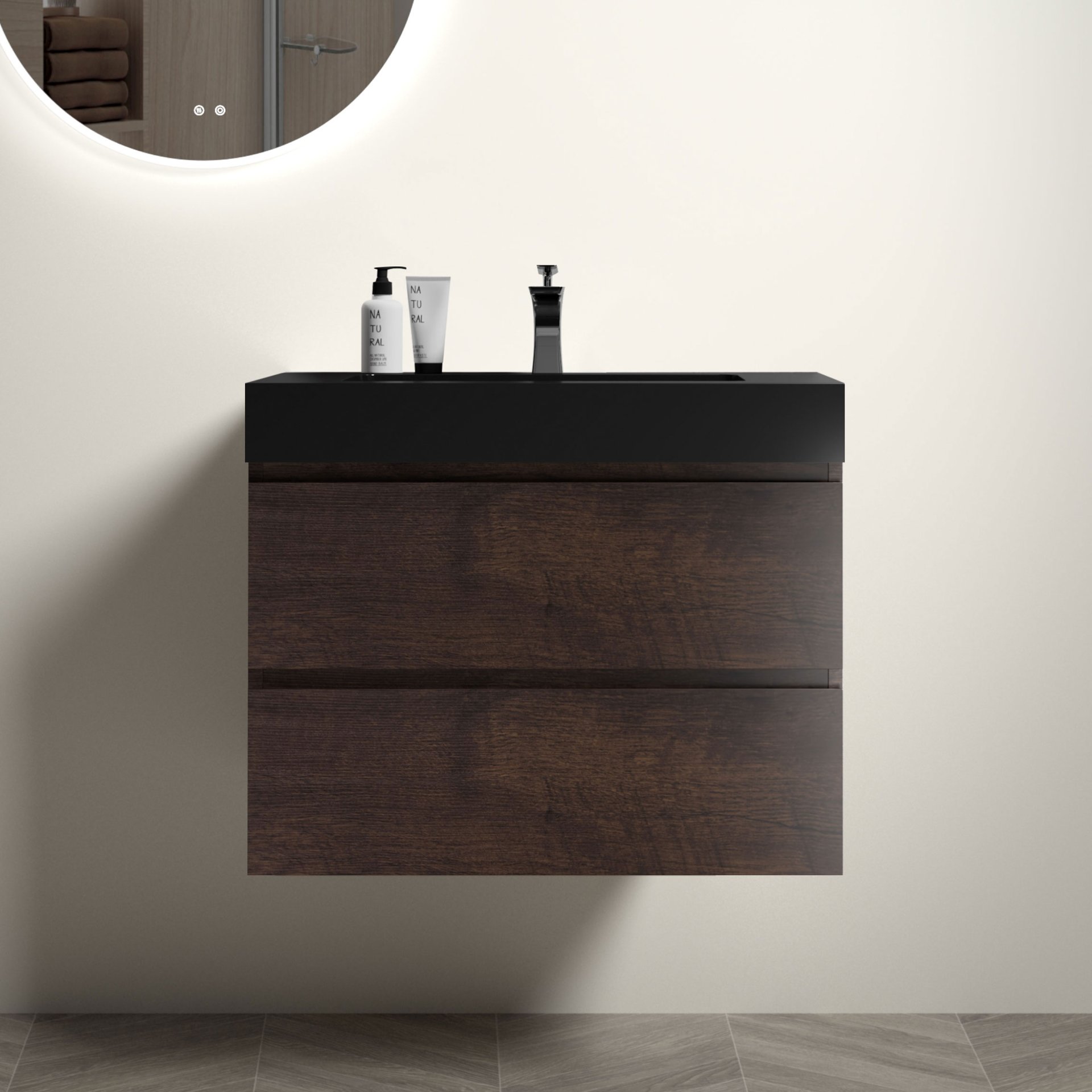 Alice - 30" Bathroom Vanity With Sink, Large Storage Wall Mounted Floating Bathroom Vanity For Modern Bathroom, One-Piece Sink Basin Without Drain And Faucet - Walnut / Black - Image 2