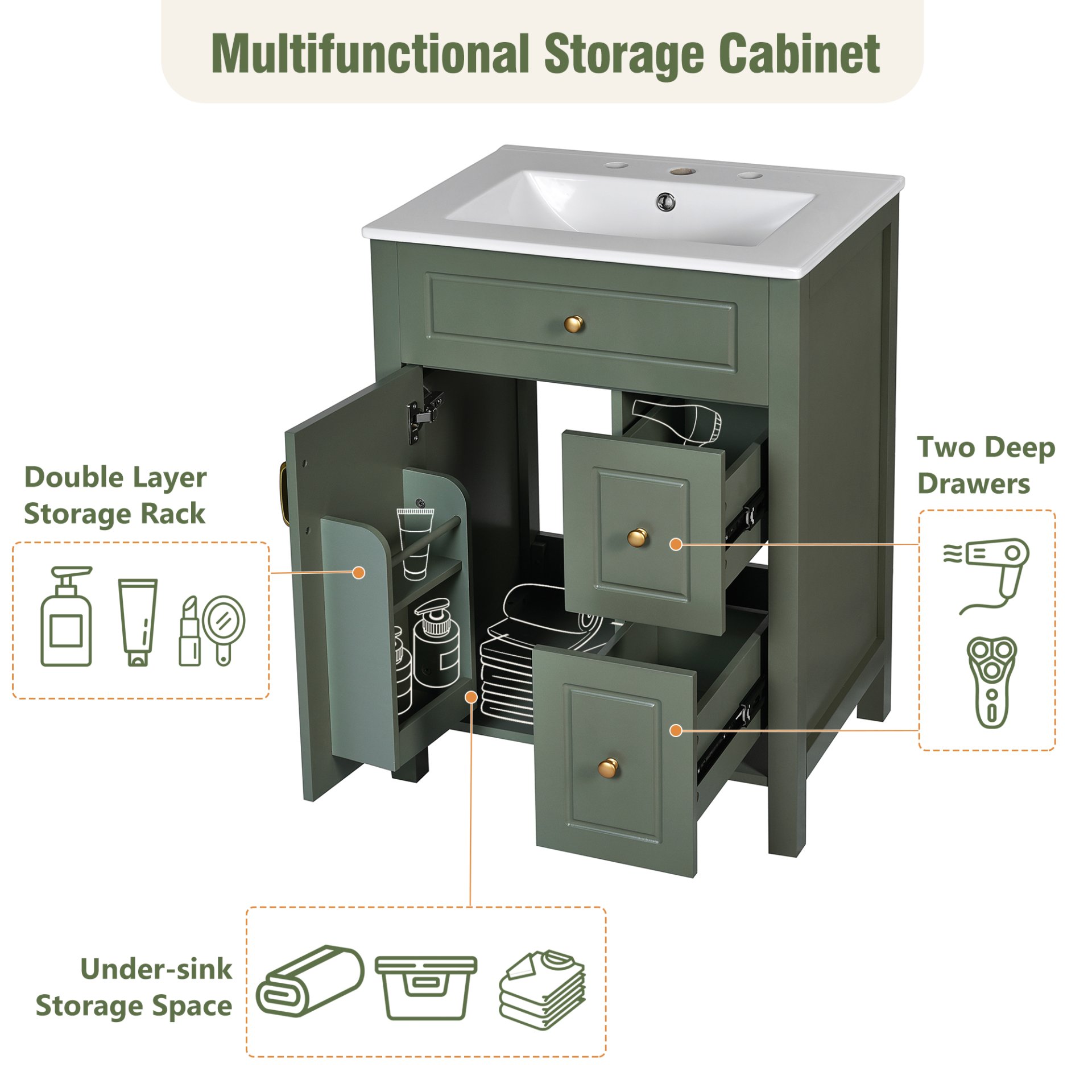Bathroom Vanity With Sink, Soft Close Storage - Green - Image 9