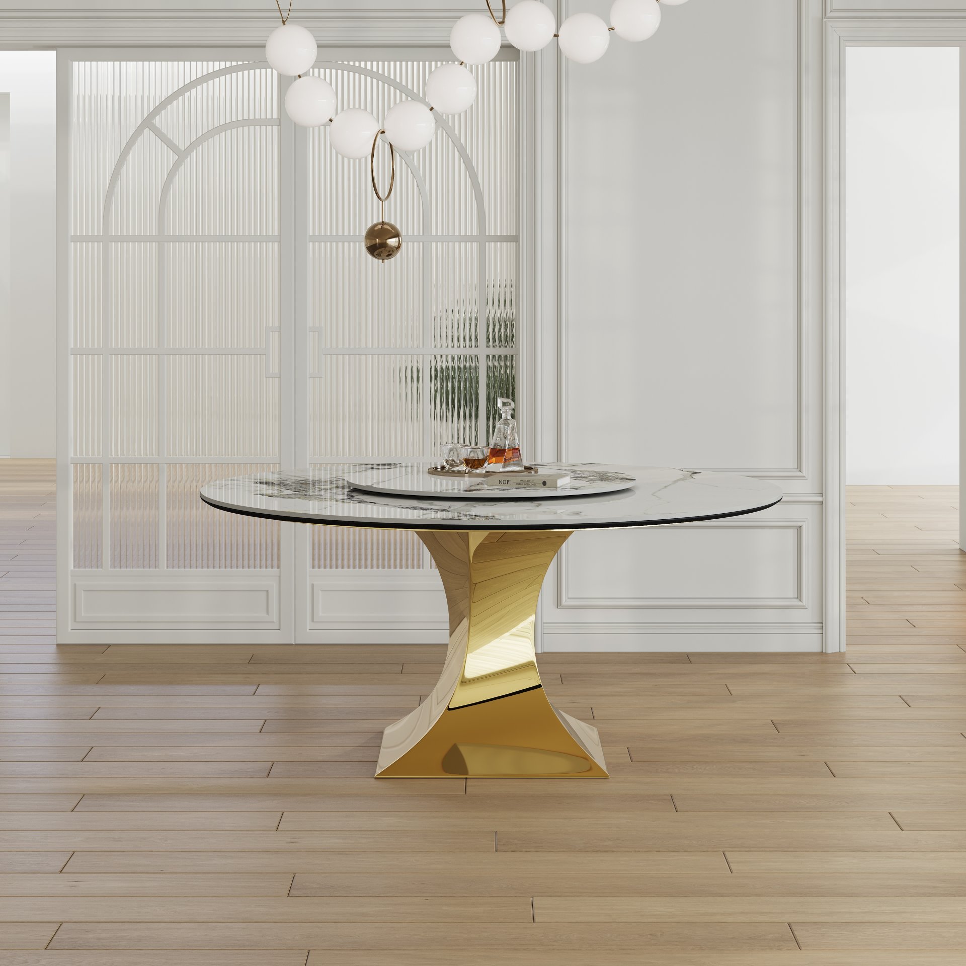 Luxury Round 59" Sintered Stone Dining Table With Stainless Steel Hourglass Base, Scratch & Heat Resistant Surface - Golden / White - Image 2