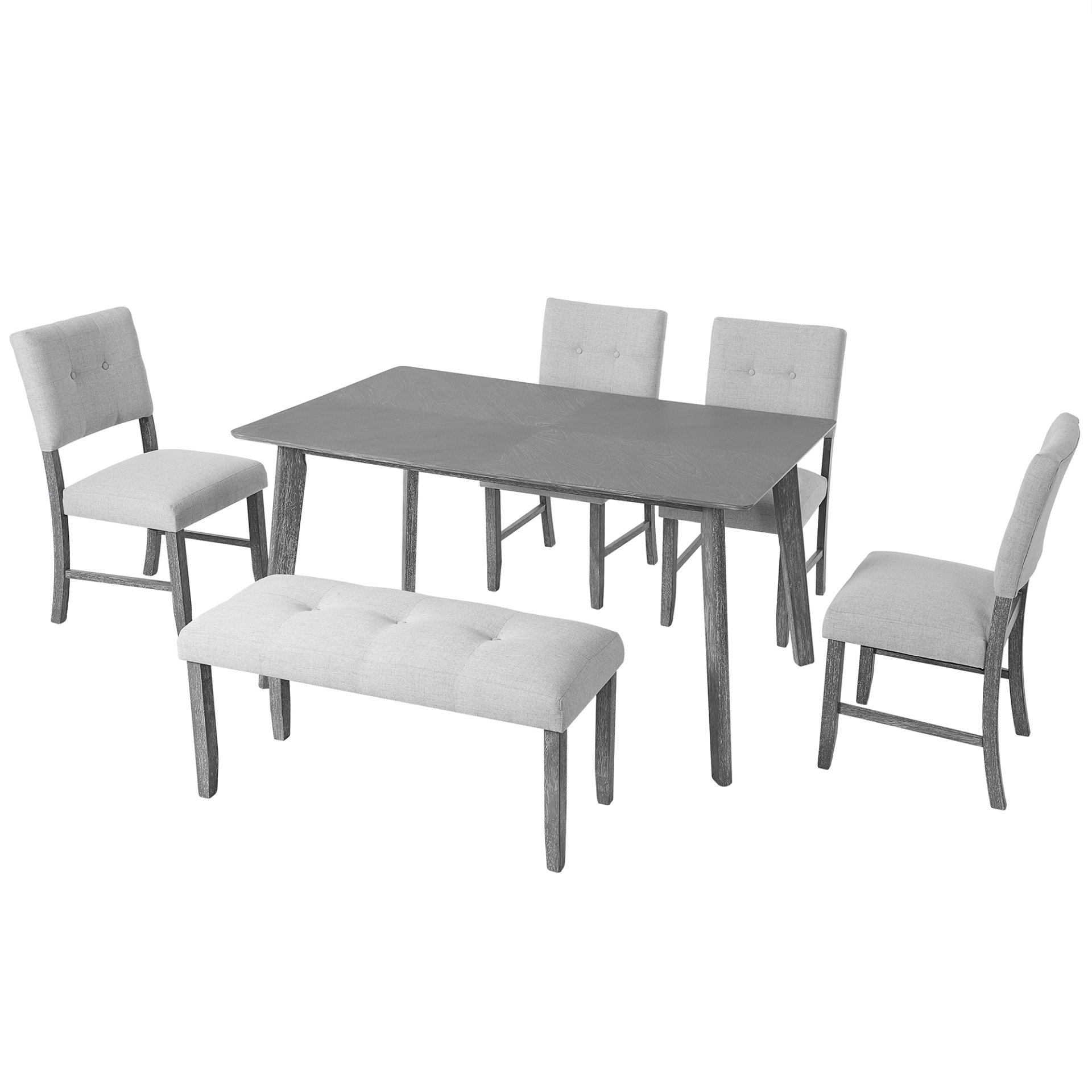 6 Pieces Dining Room Table Set, Rustic Farmhouse Dining Room Rectangular Table With 4 Upholstered Chairs And Bench, Solid Wood Kitchen Dining Table Set For 6 Persons - Gray - Image 11