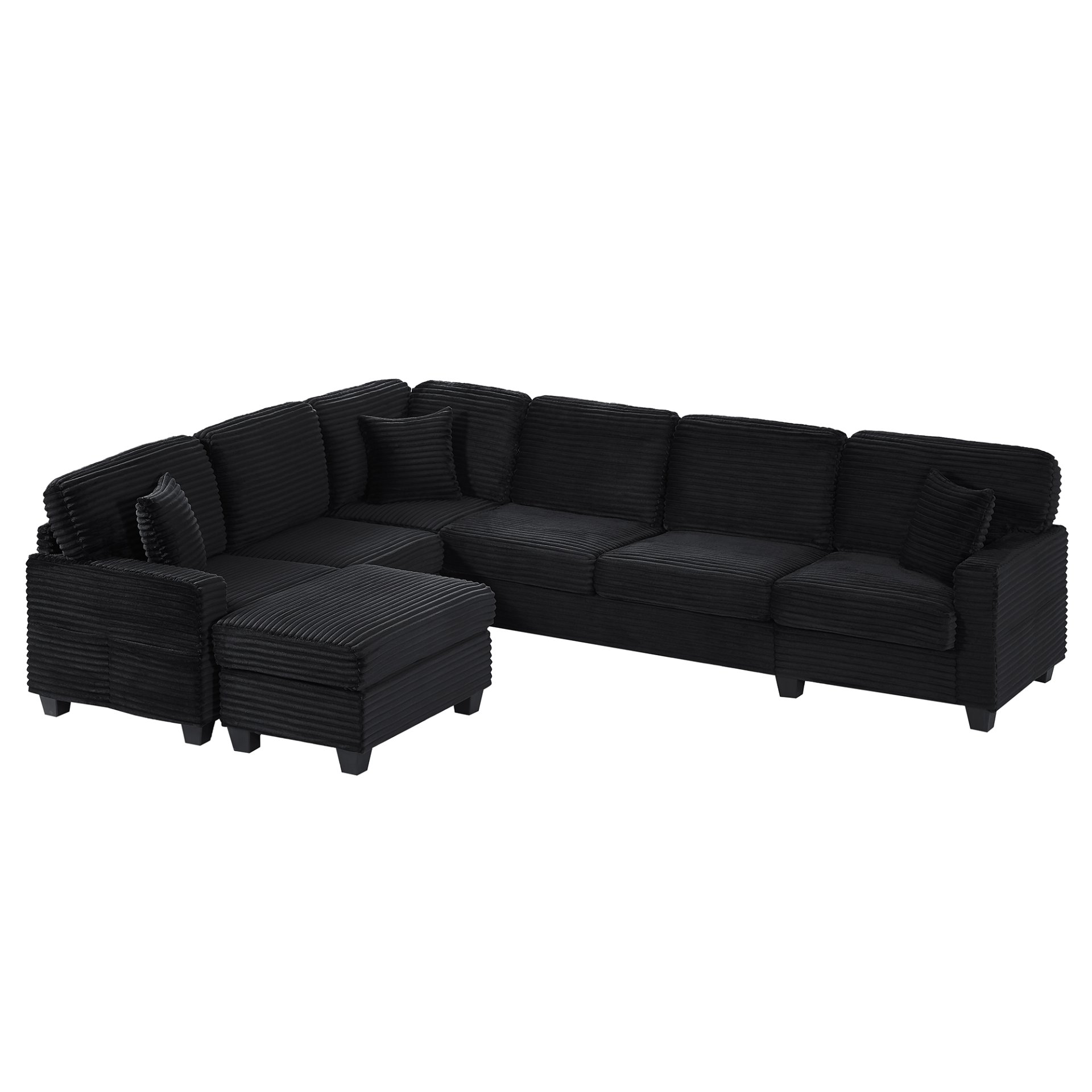 Upholstered U Shaped Sectional Sofa With Movable Ottoman And Side Storage Pockets - Black - Image 12