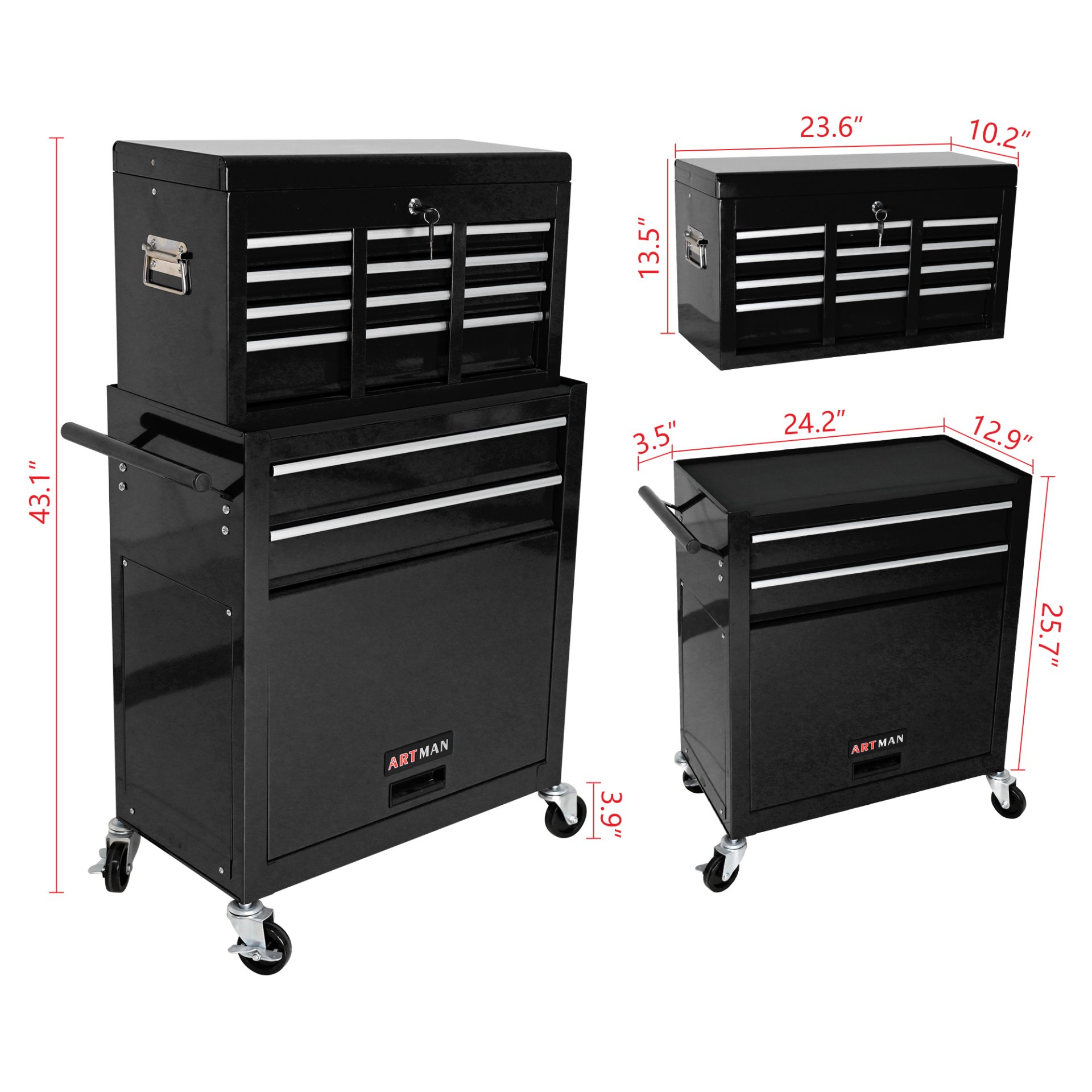 High Capacity Rolling Tool Chest With Wheels And Drawers, 8 Drawer Tool Storage Cabinet - Black - Image 10