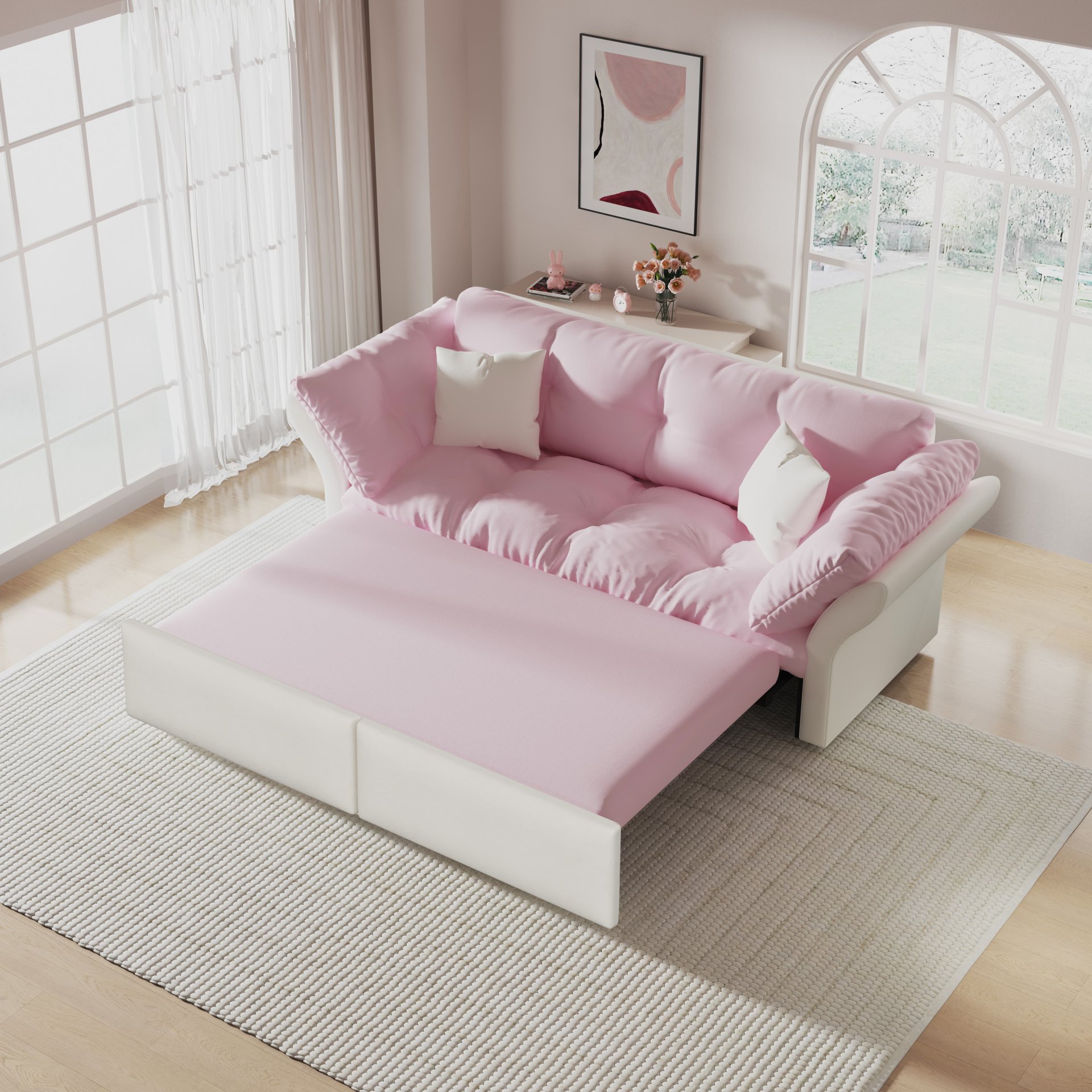 Queen Pull Out Sofa Bed, 3 In 1 Convertible Sleeper Tufted Sofa & 2 Soft Pillows - Pink - Image 4