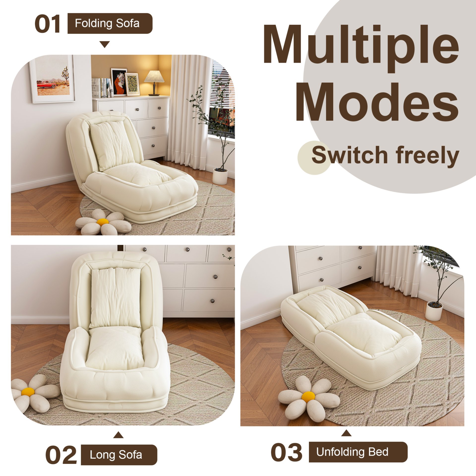 Human Dog Bed, Foldable Lazy Sofa Bed With 5 Adjustable Positions - Off White - Image 10