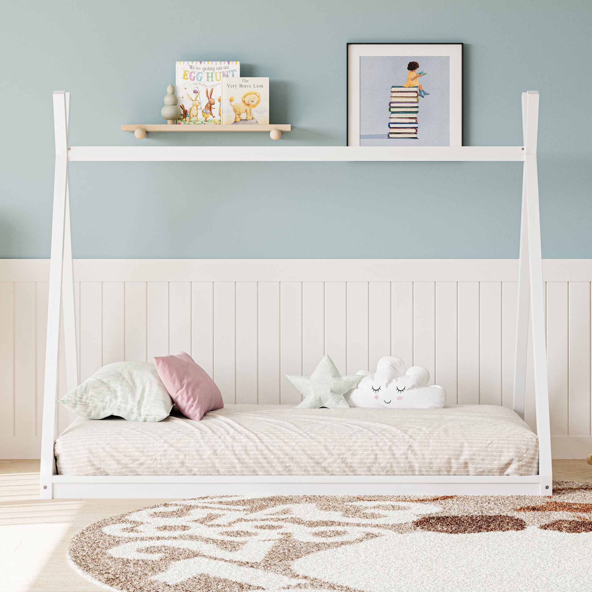 Wood Twin Size Tent Bed For Kids, Montessori Style Low - Floor Bed, House-Shape Tent Bed Frame For Boys Girls Teens, Without Slats - White - Image 5