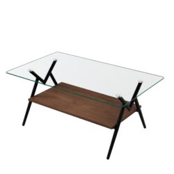 Rectangle Coffee Table With Tempered Glass Top And Metal Legs, Modern Table For Living Room, Transparent Glass - Dark Brown