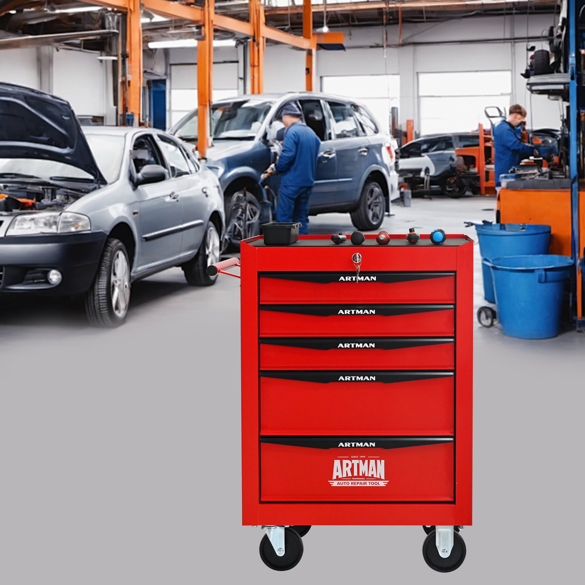 Rolling Metal Tool Chest With 5 Drawers, 20" Steel Storage Cabinet With Ball Bearing Slides - Red / Black - Image 2