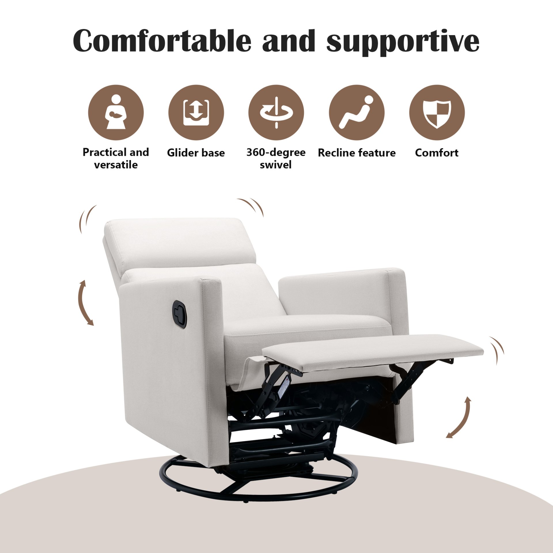 Modern Upholstered Rocker Nursery Chair Plush Seating Glider Swivel Recliner Chair - Beige - Image 5