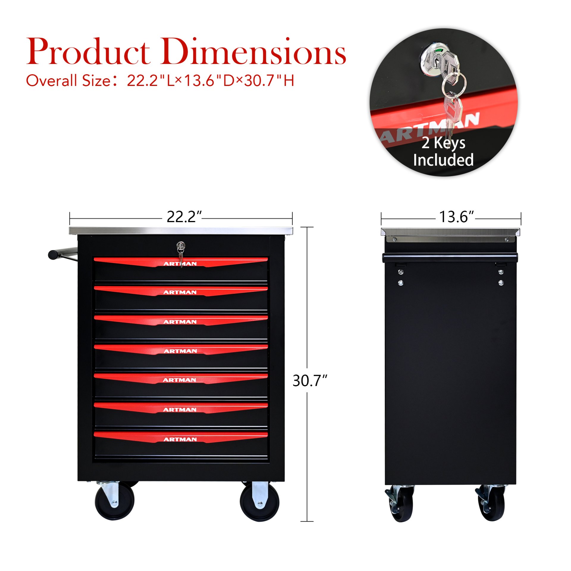7 Drawer Multifunctional Tool Cart With Wheels, Metal Rolling Tool Cart Storage For Garage Workshop Warehouse Repair Shop With Stainless Steel Roof - Black / Red - Image 3