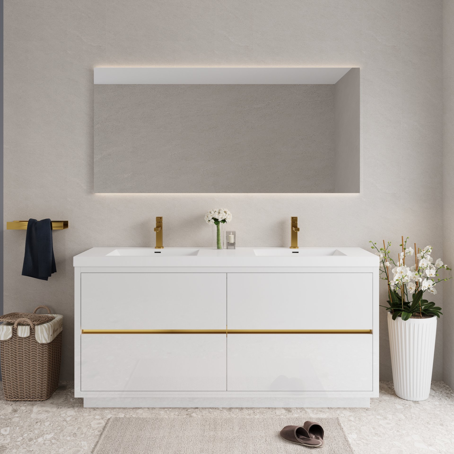 Freestanding Bathroom Vanity With Sink, Bathroom Storage Vanity Cabinet With Stone Resin Countertop And Soft Close Drawers - Glossy White - Image 10