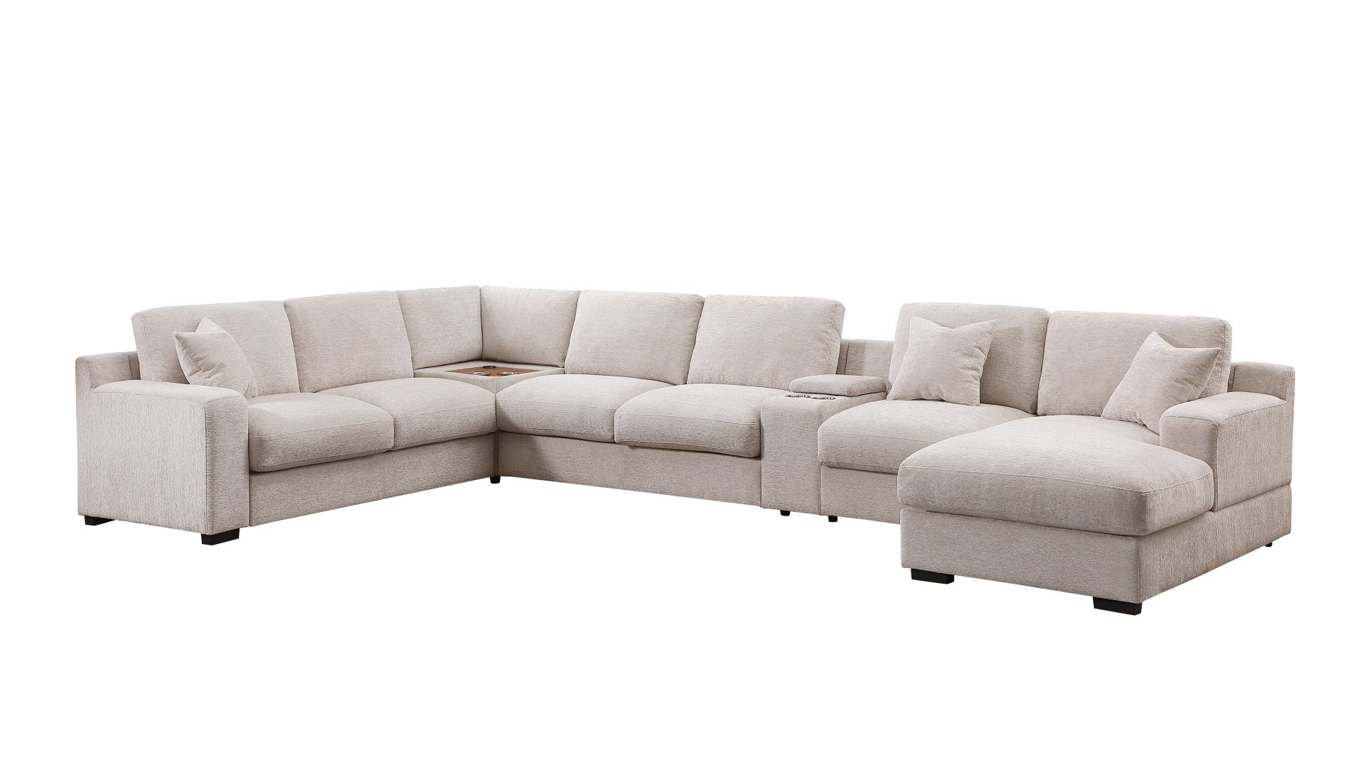 Celine - Chenille Fabric Corner Sectional Sofa With Right Facing Chaise, Cupholders, And Charging Ports - Beige - Image 3