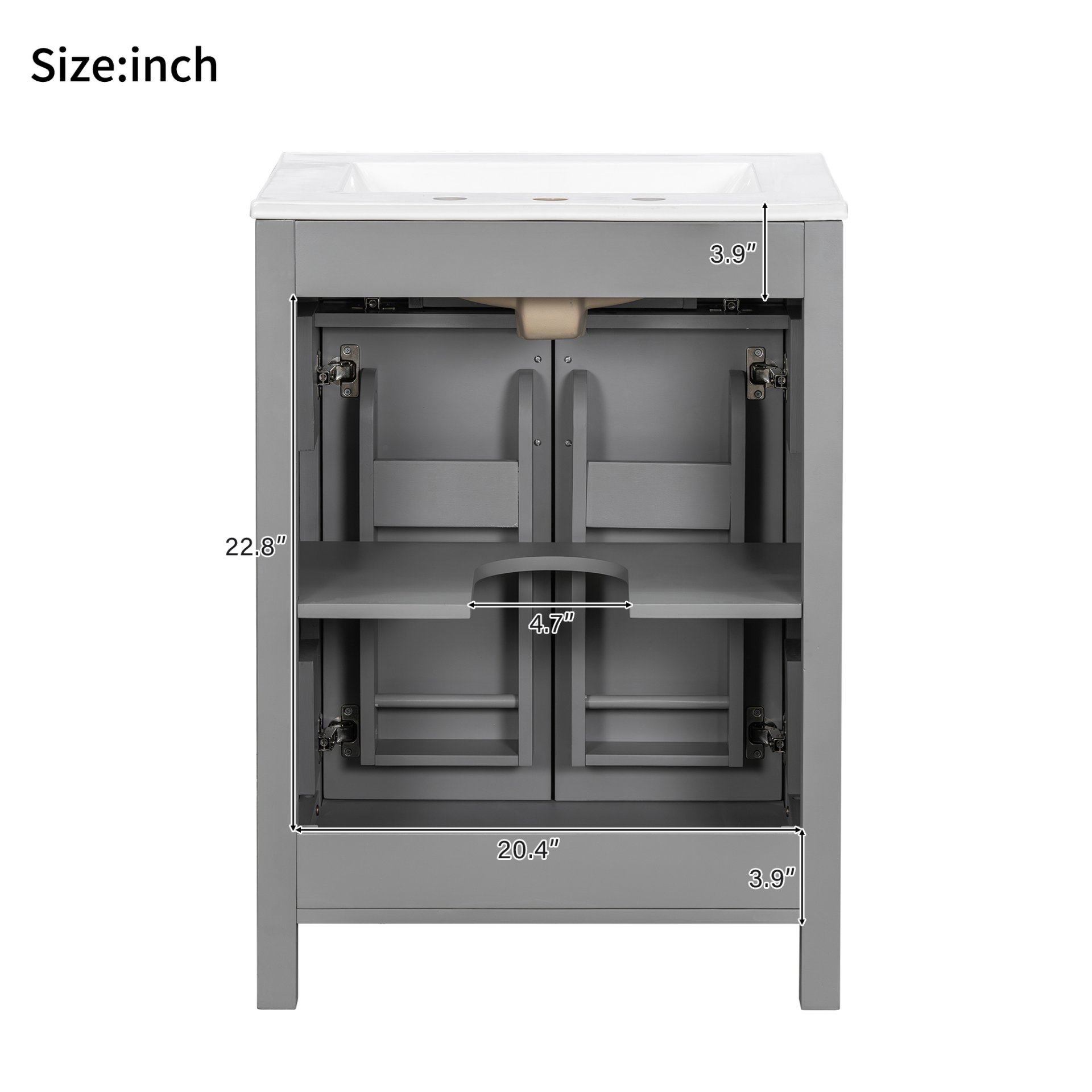 Bathroom Vanity With Sink, Soft Close Doors, Flip Drawer, Double Layer Door Shelves - Grey - Image 11